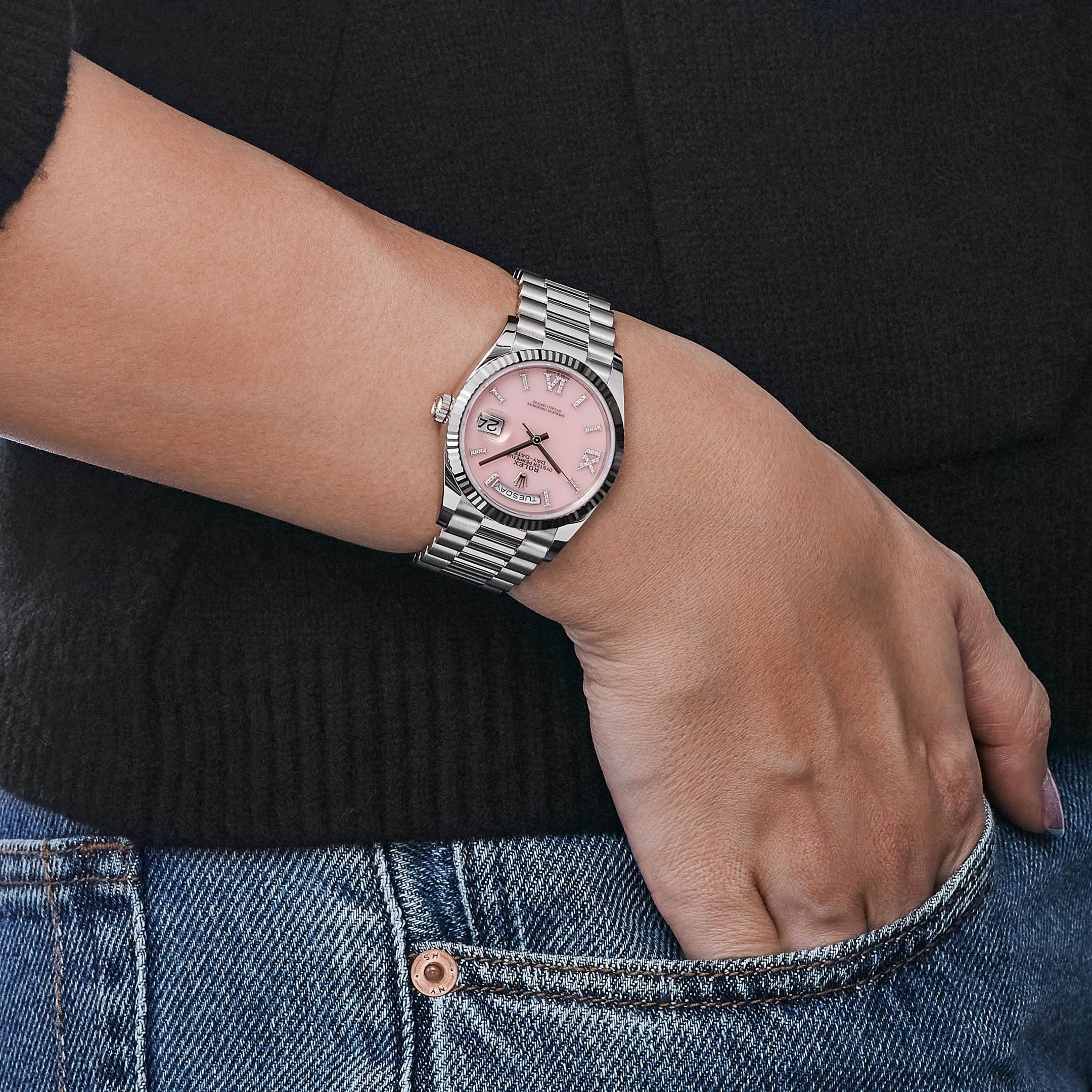 Rolex Day-Date 36 128239 White Gold Pink Opal Diamond Roman Numerals Dial (2025)