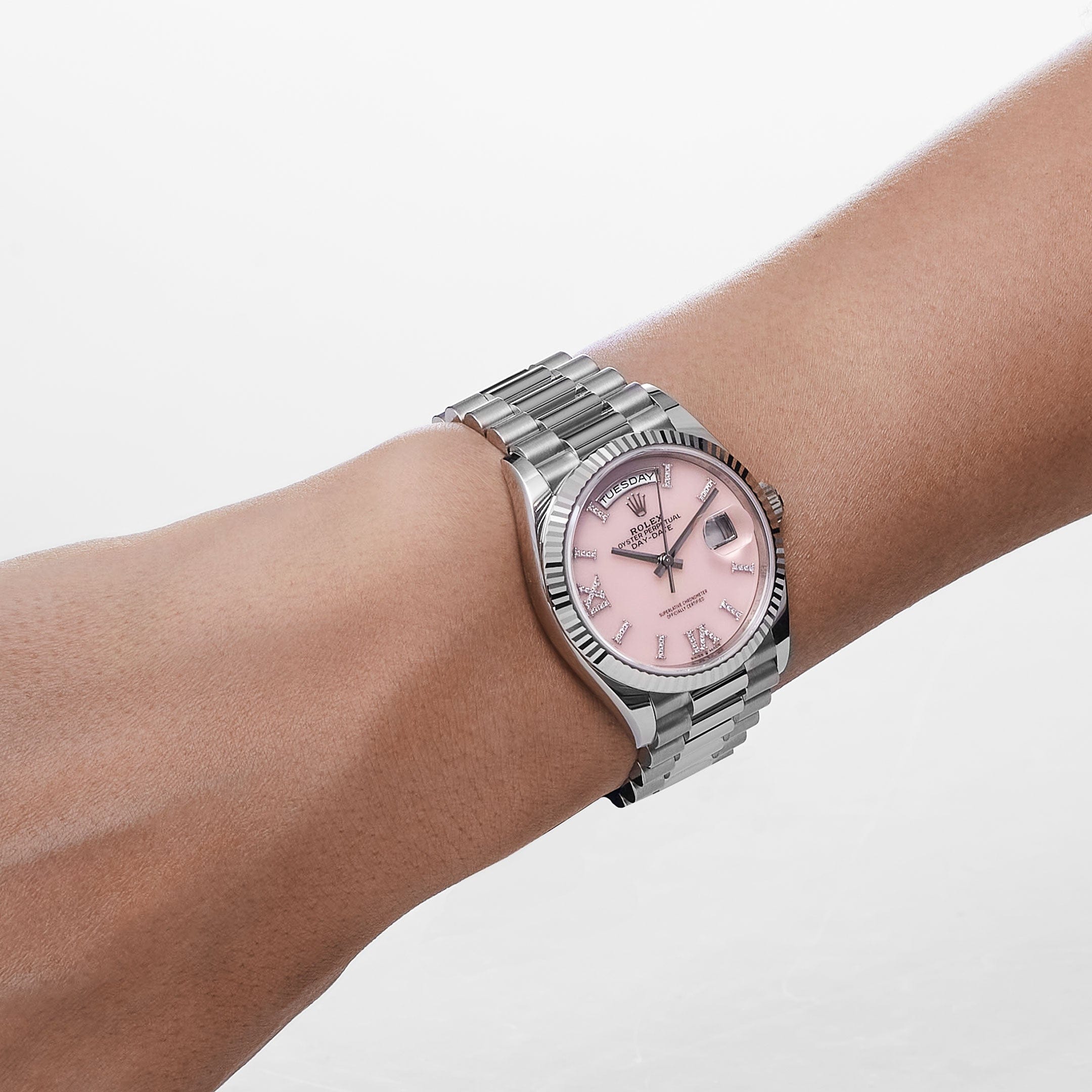 Rolex Day-Date 36 128239 White Gold Pink Opal Diamond Roman