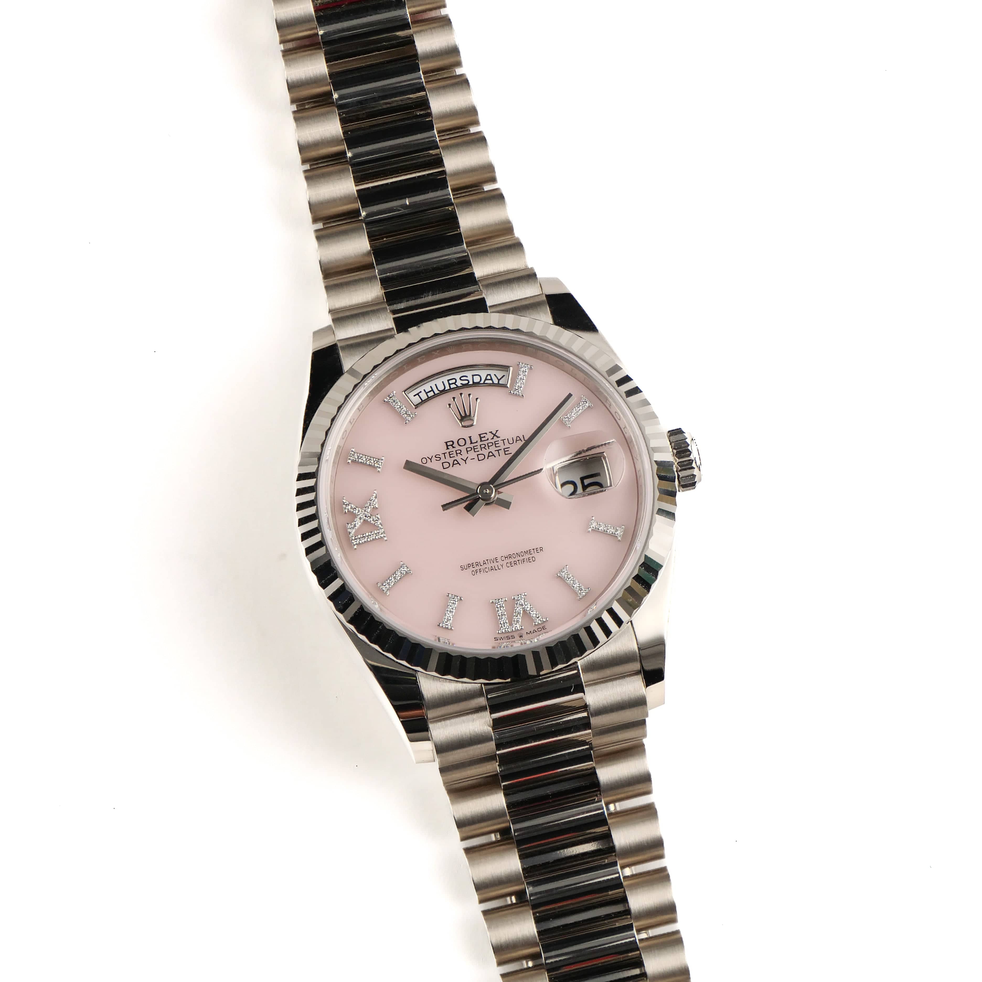 Rolex Day-Date 36 128239 White Gold Pink Opal Diamond Roman Numerals Dial (2025)