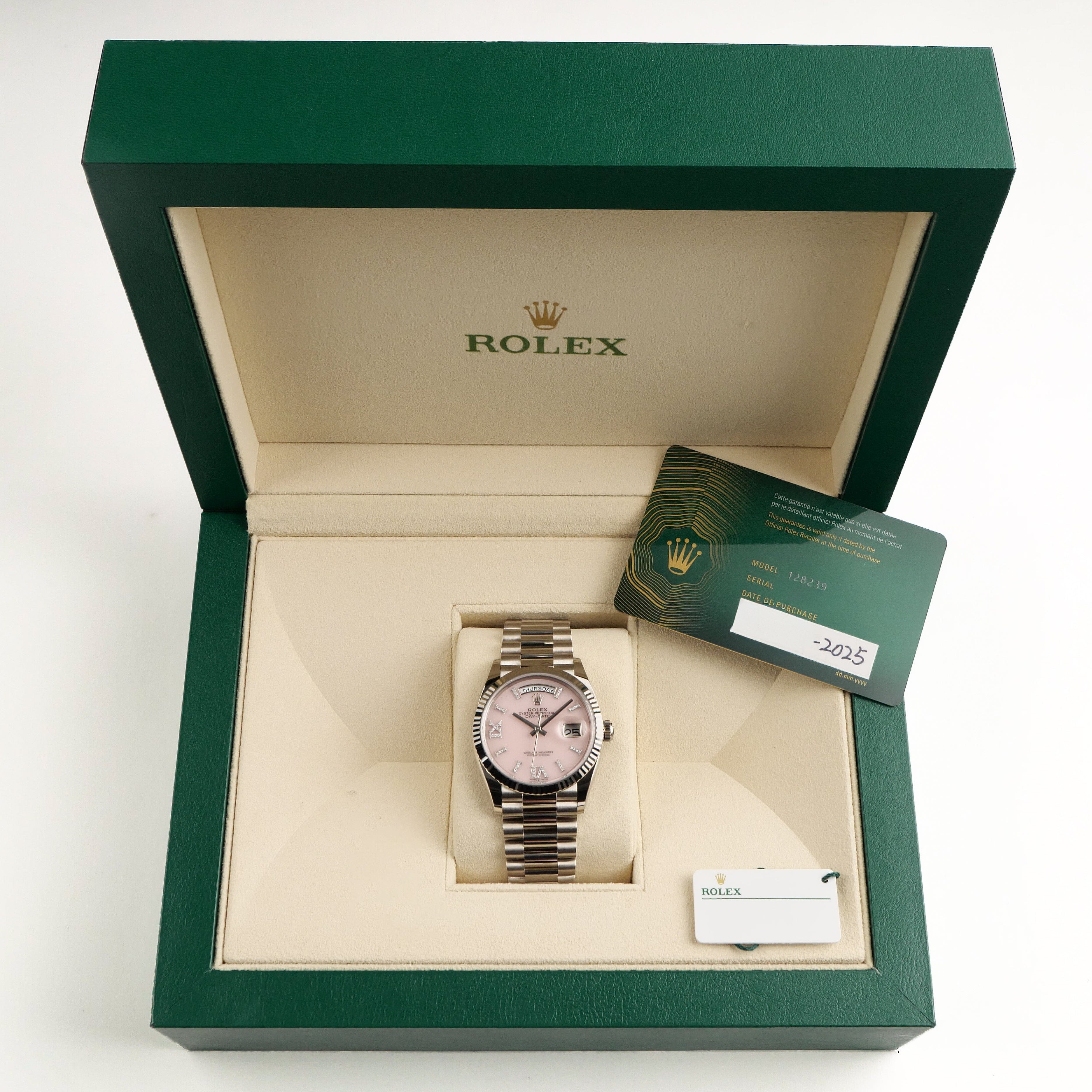 Rolex Day-Date 36 128239 White Gold Pink Opal Diamond Roman