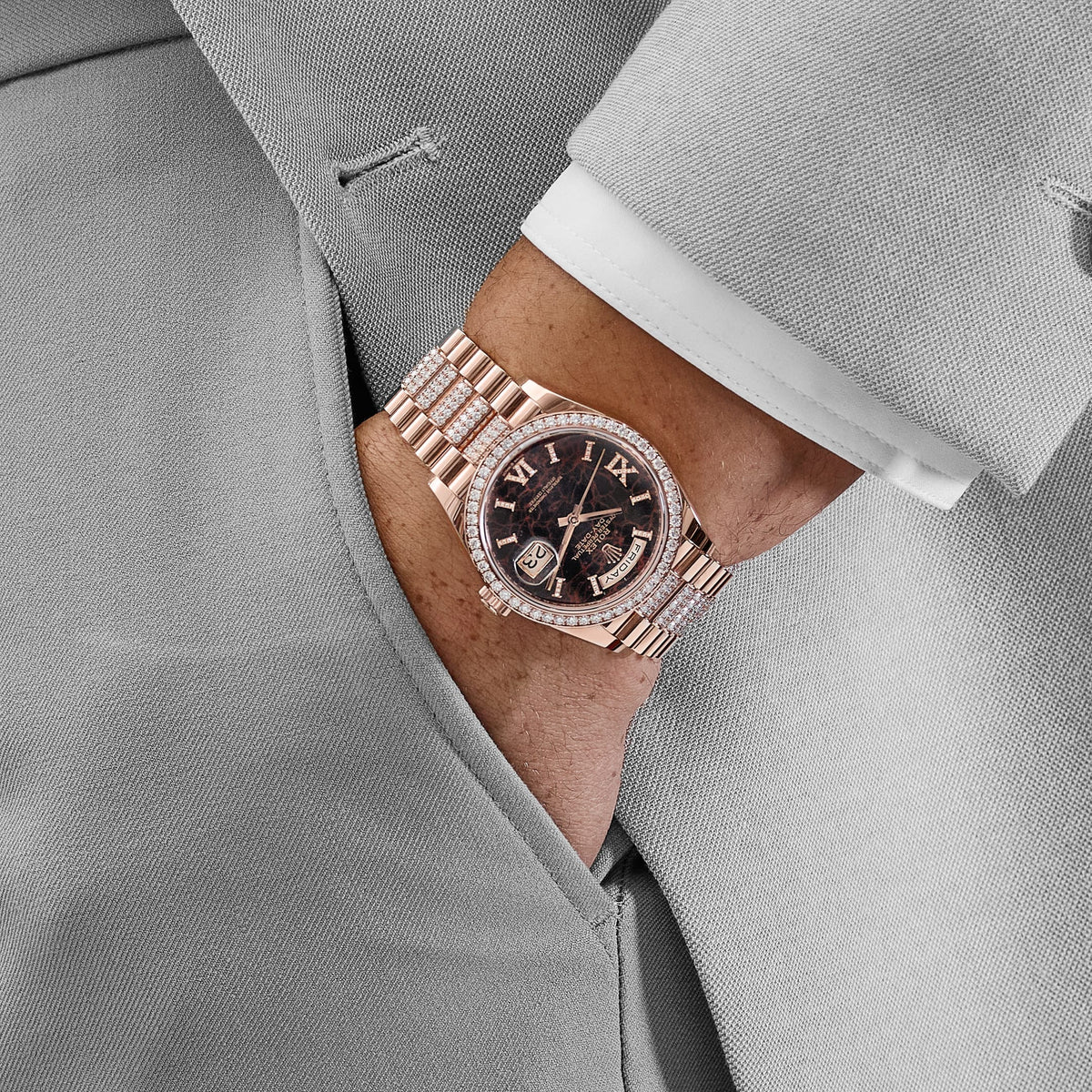 Rolex Day-Date 36 128345RBR Rose Gold Eisenkiesel Diamond Dial Diamond Bezel (2022)