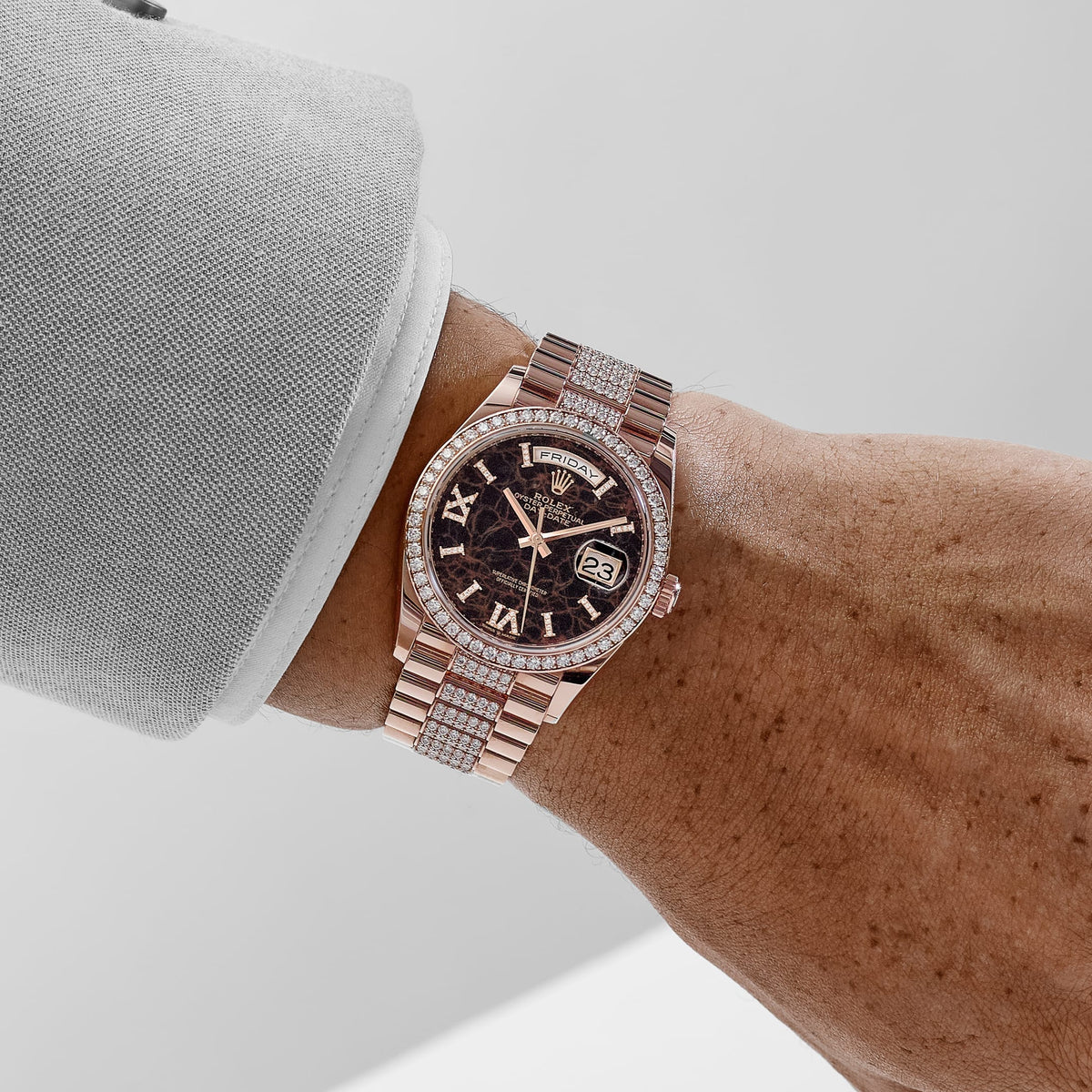 Rolex Day-Date 36 128345RBR Rose Gold Eisenkiesel Diamond Dial Diamond Bezel (2022)