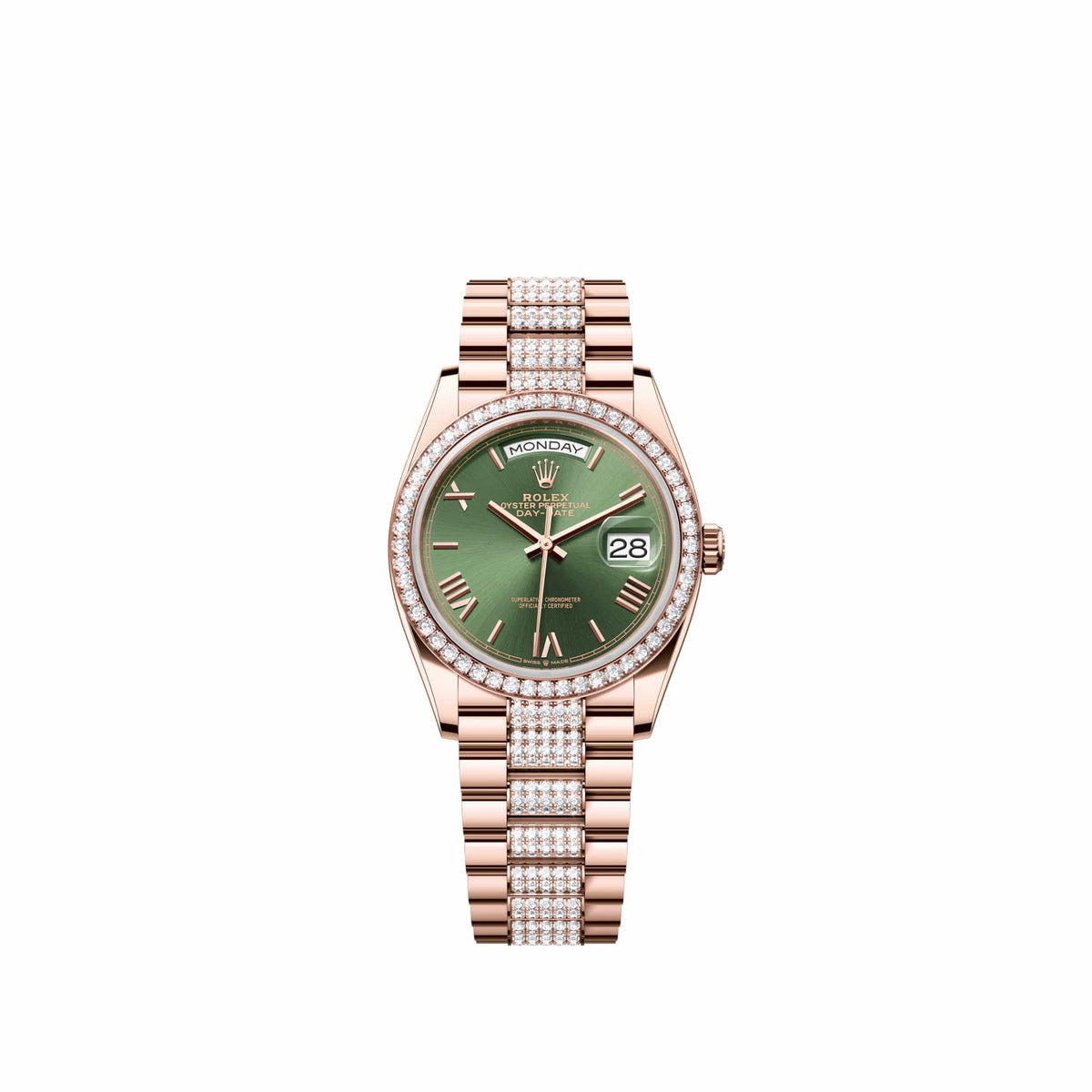 Rolex Day-Date 36 128345RBR Rose Gold Olive Green Roman Dial Diamond-Set President Diamond Bezel (2026)