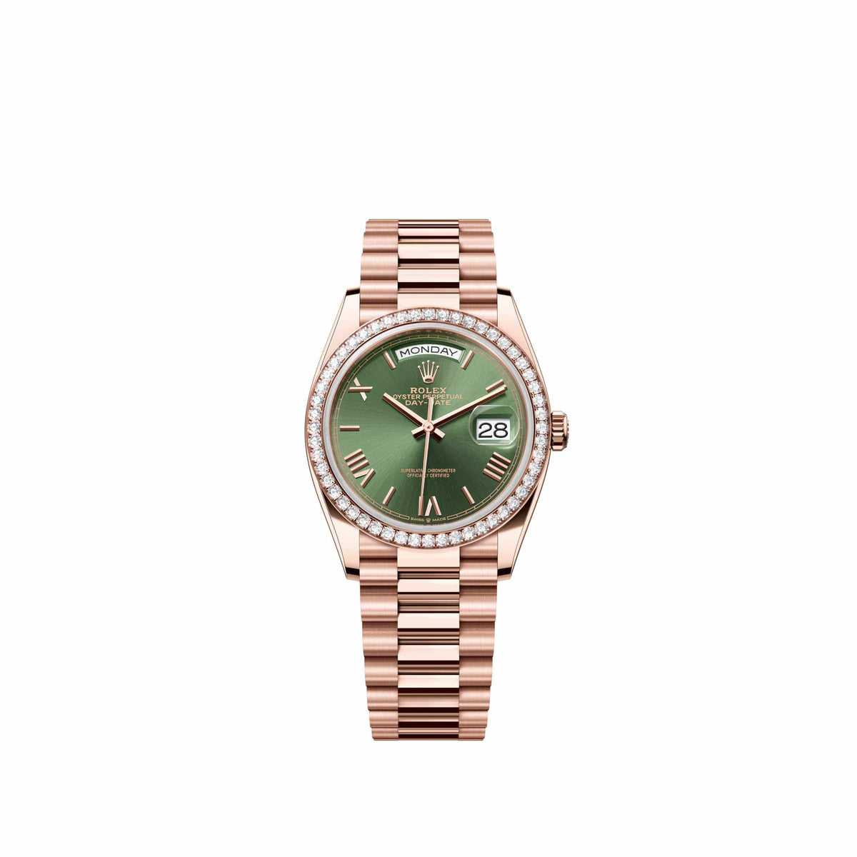 Rolex Day-Date 36 128345RBR Rose Gold Olive Green Roman Dial President Diamond Bezel (2026)