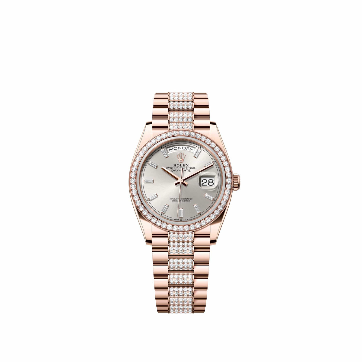 Rolex Day-Date 36 128345RBR Rose Gold Silver Diamond Dial Diamond-Set President Diamond Bezel (2026)