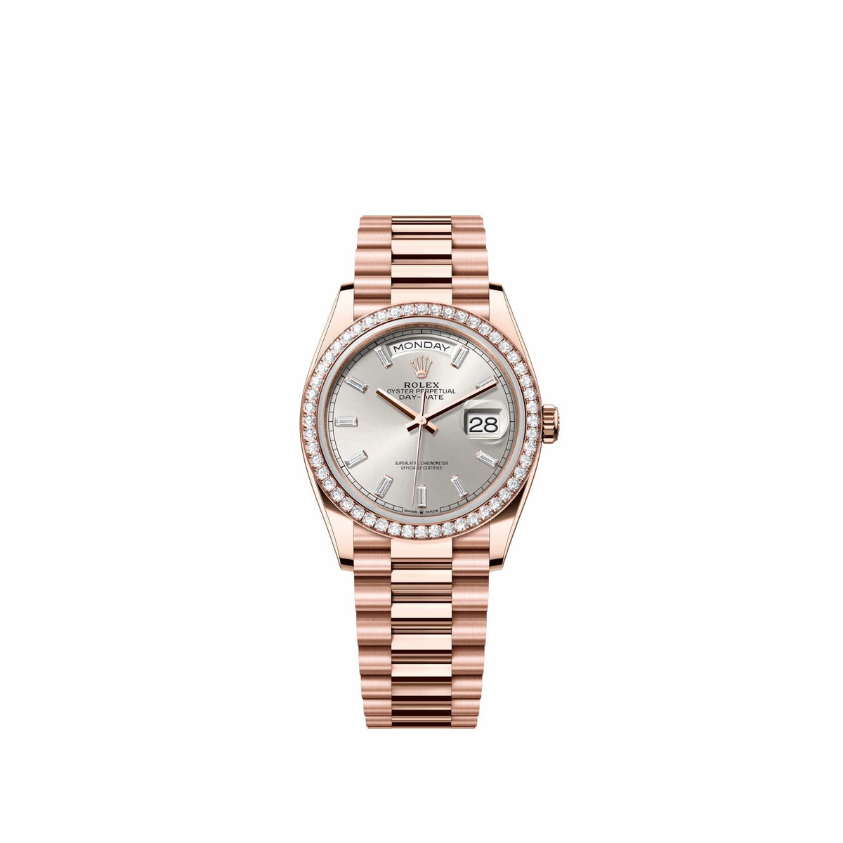 Rolex Day-Date 36 128345RBR Rose Gold Silver Diamond Dial President Diamond Bezel (2026)