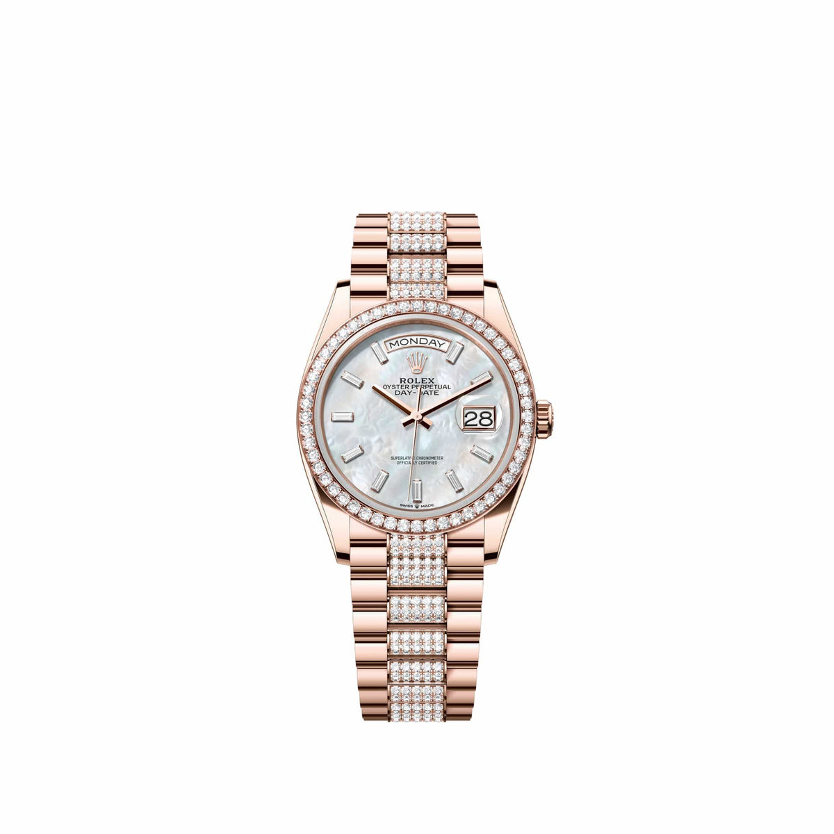 Rolex Day-Date 36 128345RBR Rose Gold White Mother of Pearl Diamond Dial Diamond-Set President Diamond Bezel (2026)