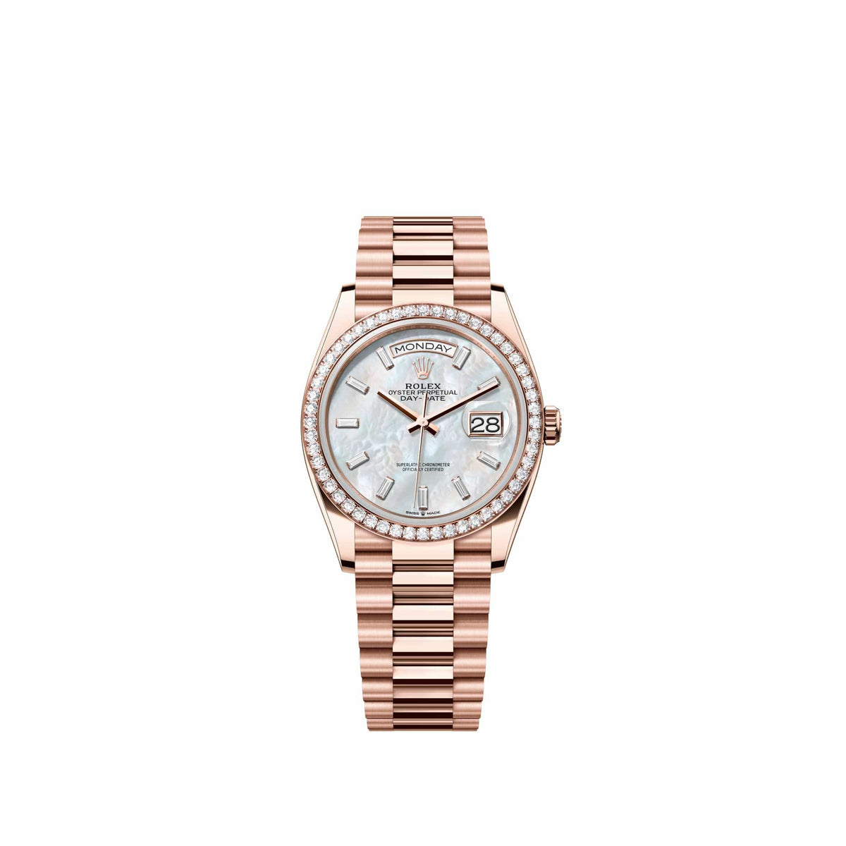 Rolex Day-Date 36 128345RBR Rose Gold White Mother of Pearl Diamond Dial President Diamond Bezel (2026)