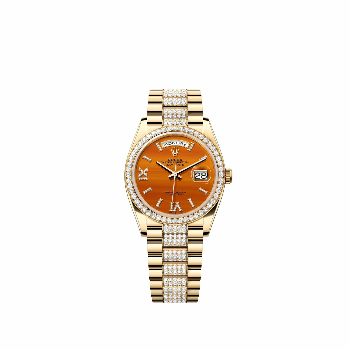 Rolex Day-Date 36 128348RBR Yellow Gold Carnelian Diamond Dial Diamond-Set President Diamond Bezel (2026)