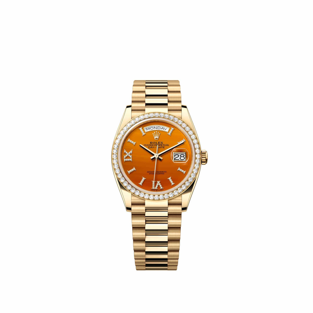 Rolex Day-Date 36 128348RBR Yellow Gold Carnelian Diamond Dial President Diamond Bezel (2026)
