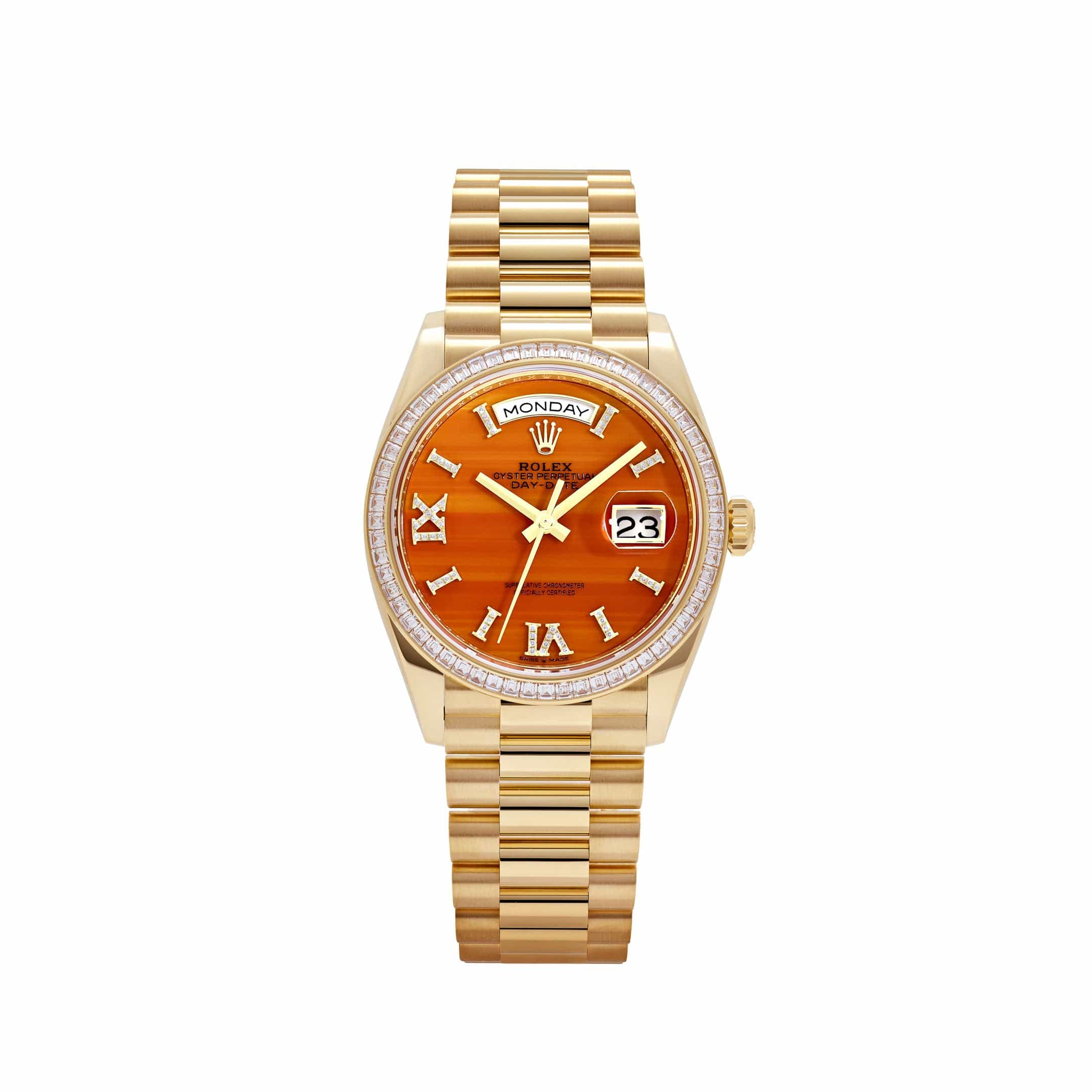 Rolex Day-Date 36 128348RBR Yellow Gold Carnelian Diamond Roman Numerals Dial Diamond Bezel