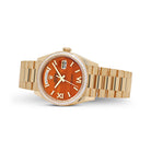 Rolex Day-Date 36 128348RBR Yellow Gold Carnelian Diamond Roman Numerals Dial Diamond Bezel