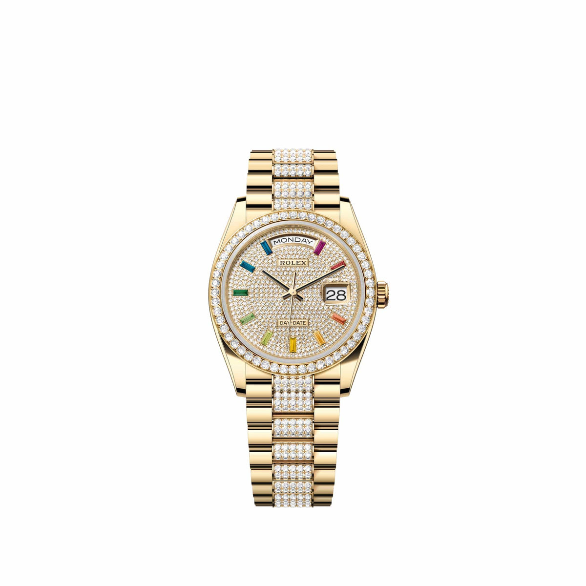 Rolex Day-Date 36 128348RBR Yellow Gold Diamond-Paved Sapphire Dial Diamond-Set President Diamond Bezel (2026)