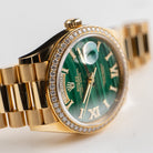 Rolex Day-Date 36 128348RBR Yellow Gold Green Malachite Dial Diamond Bezel (2021)