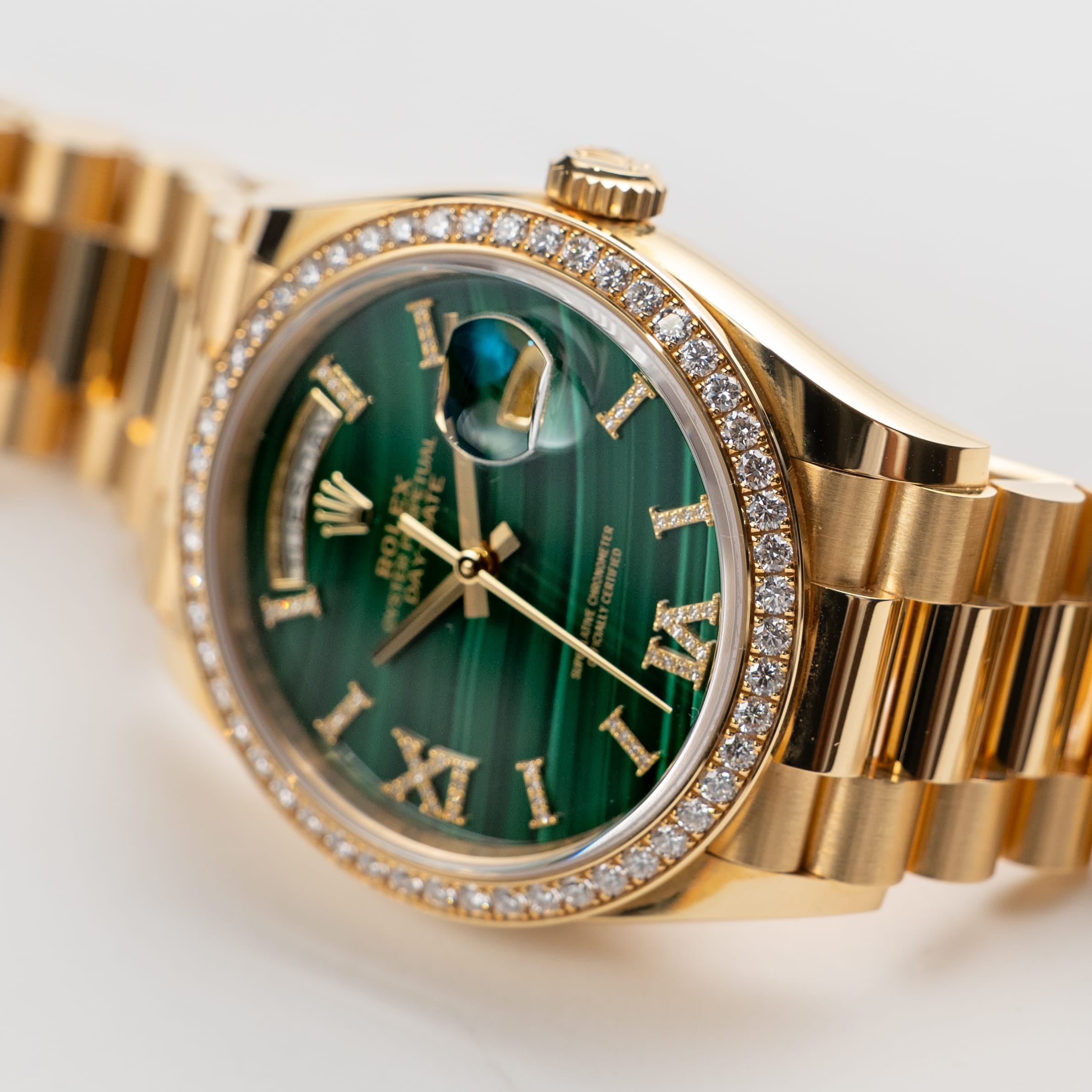 Rolex Day-Date 36 128348RBR Yellow Gold Green Malachite Diamond