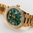 Rolex Day-Date 36 128348RBR Yellow Gold Green Malachite Dial Diamond Bezel (2021)