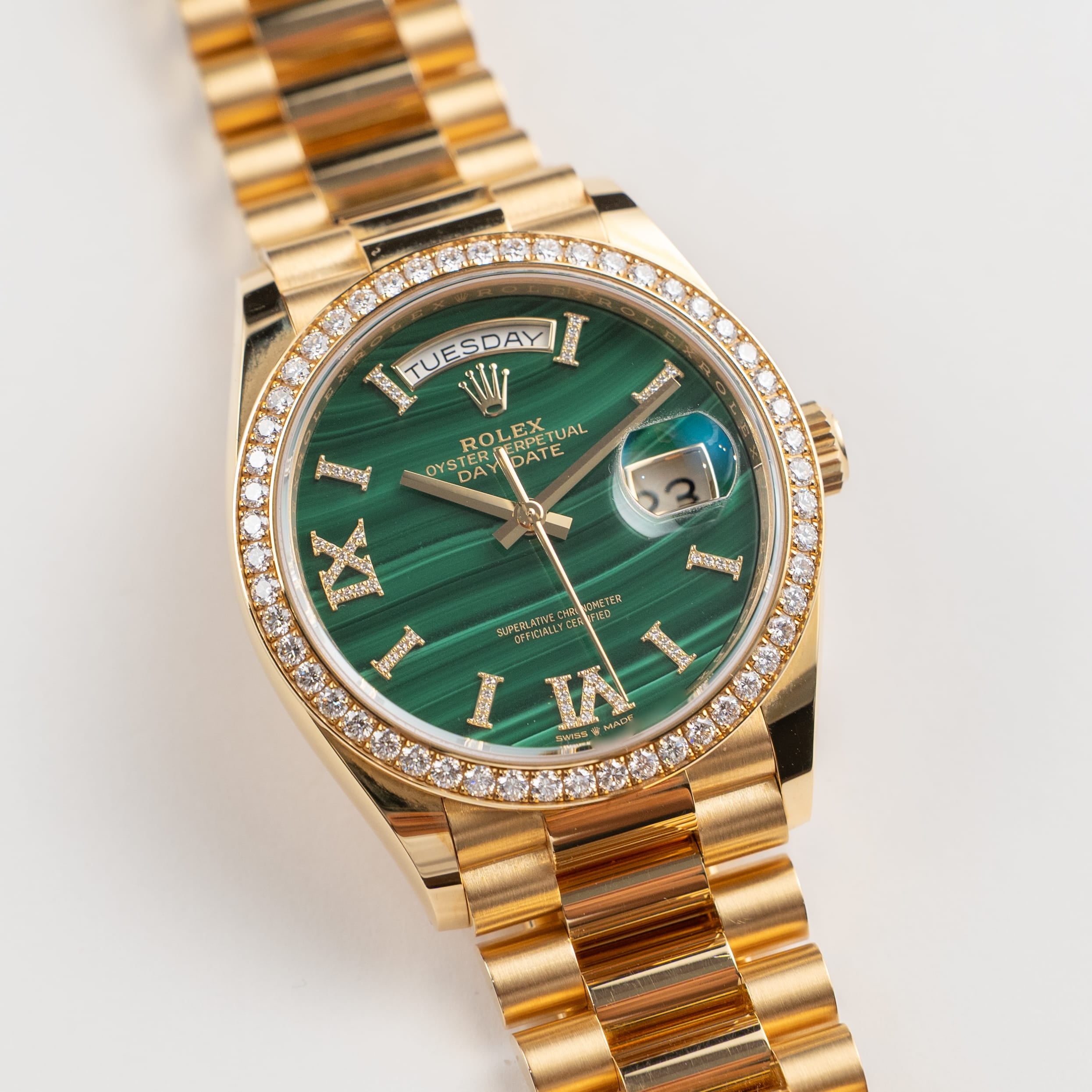 Rolex Day-Date 36 128348RBR Yellow Gold Green Malachite Diamond