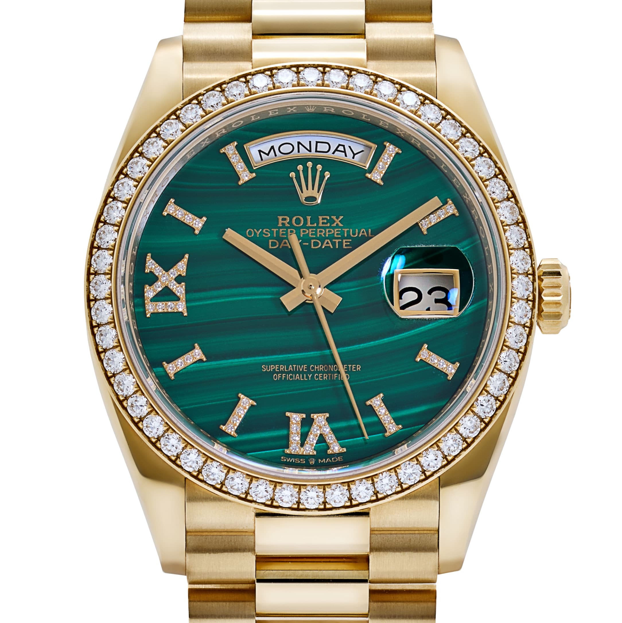 Rolex Day-Date 36 128348RBR Yellow Gold Green Malachite Dial Diamond Bezel (2021)