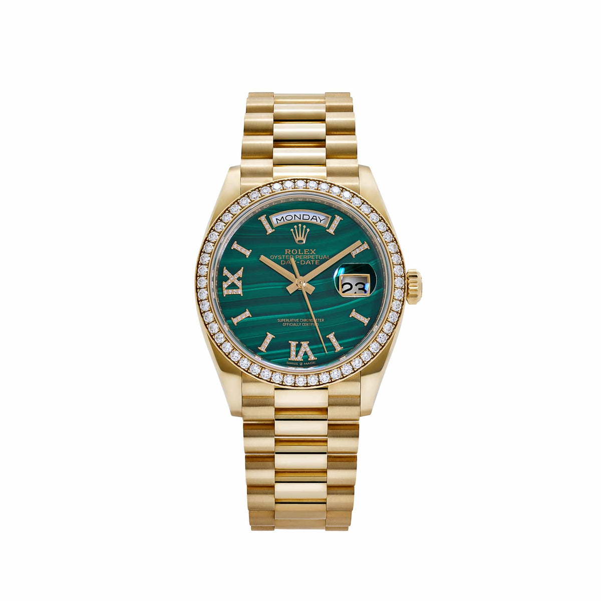 Rolex Day-Date 36 128348RBR Yellow Gold Green Malachite Dial Diamond Bezel (2021)