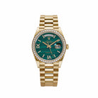 Rolex Day-Date 36 128348RBR Yellow Gold Green Malachite Dial Diamond Bezel (2021)