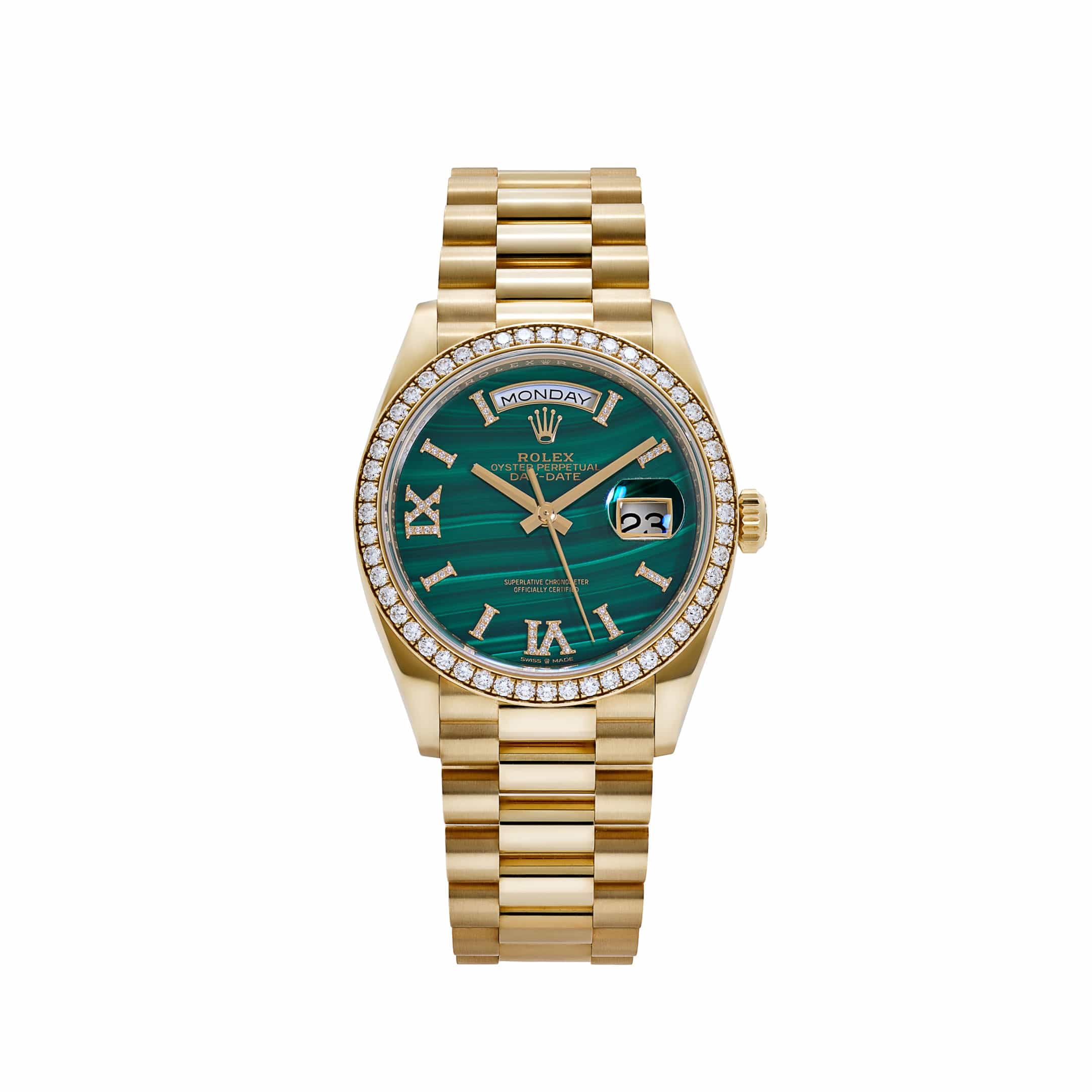 Rolex Day-Date 36 128348RBR Yellow Gold Green Malachite Dial Diamond Bezel (2021)