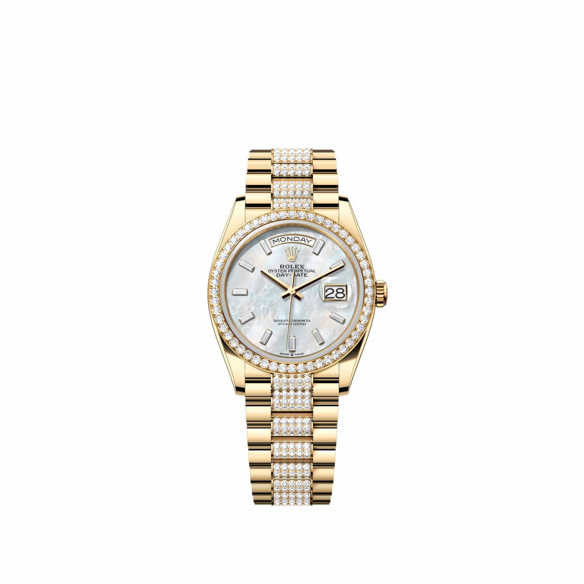 Rolex Day-Date 36 128348RBR Yellow Gold White Mother of Pearl Diamond Dial Diamond-Set President Diamond Bezel (2026)