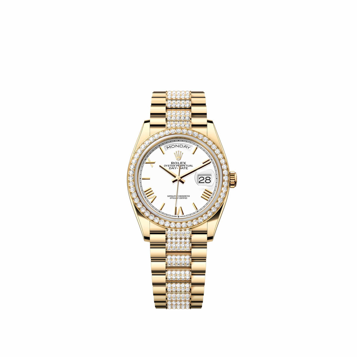Rolex Day-Date 36 128348RBR Yellow Gold White Roman Dial Diamond-Set President Diamond Bezel (2026)