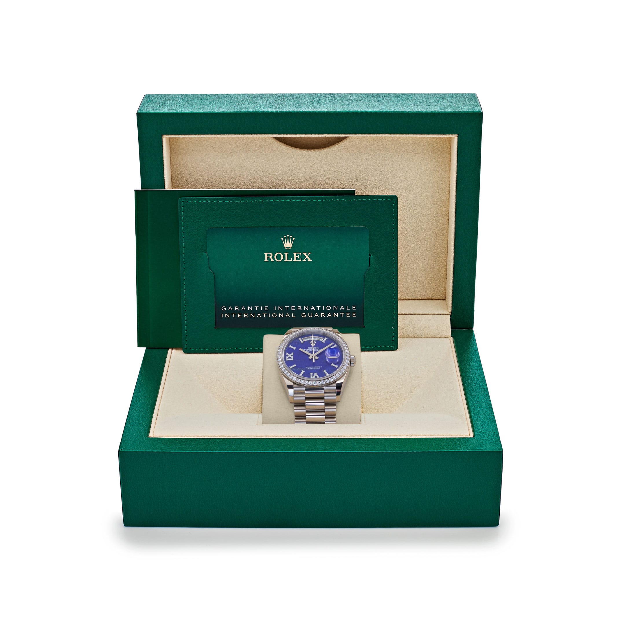 Rolex Day-Date 36 128349RBR White Gold Lapis Stone Diamond Roman