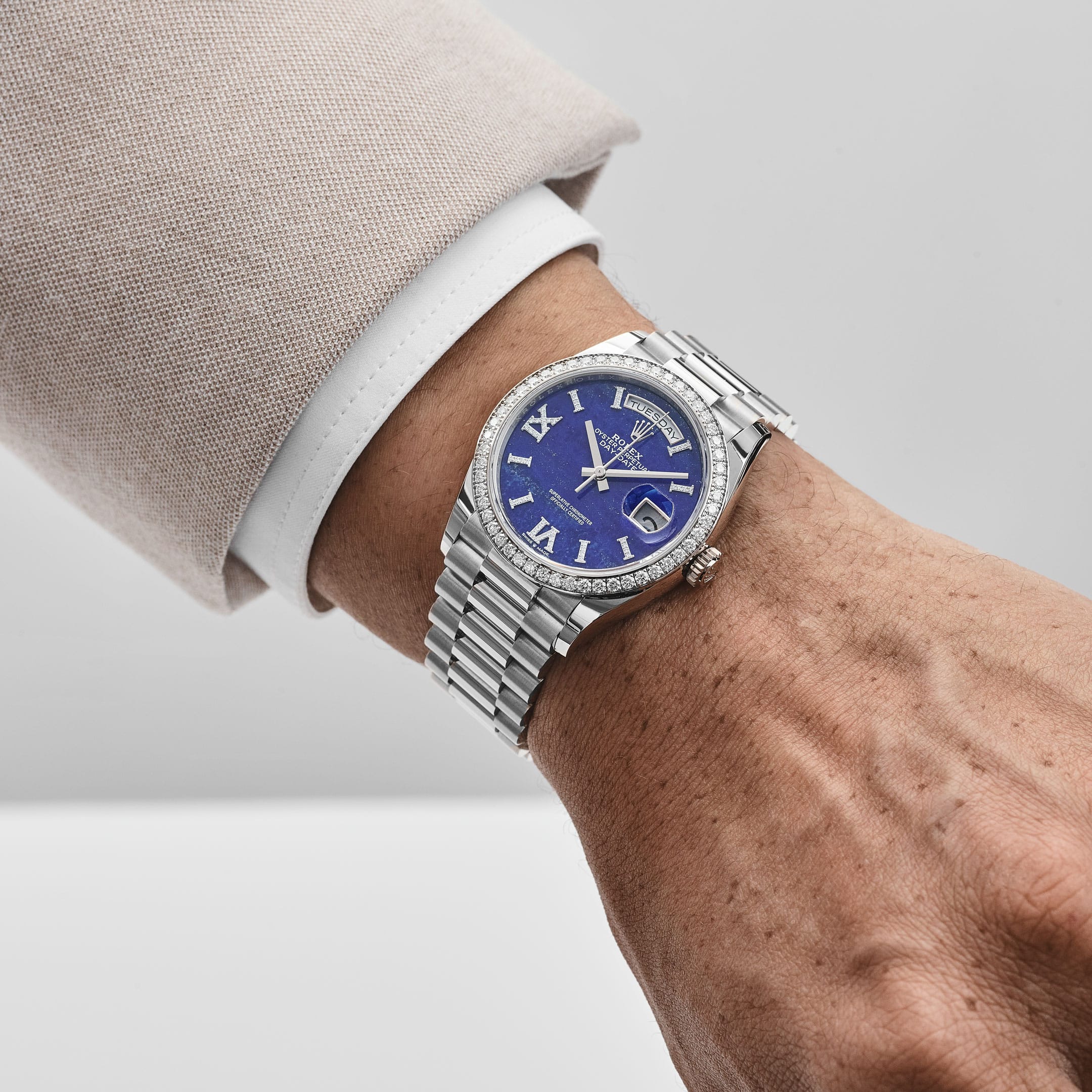 ヒスン　ラキドロ　dayone Rolex Day-Date 36 128349RBR White Gold Lapis Stone Diamond Roman