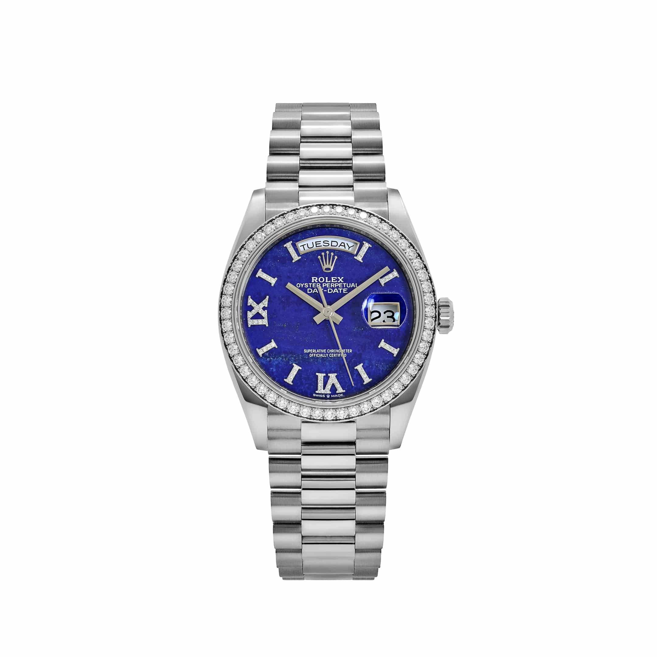 Rolex Day-Date 36 128349RBR White Gold Lapis Stone Diamond Roman Numerals Dial Diamond Bezel (2022)