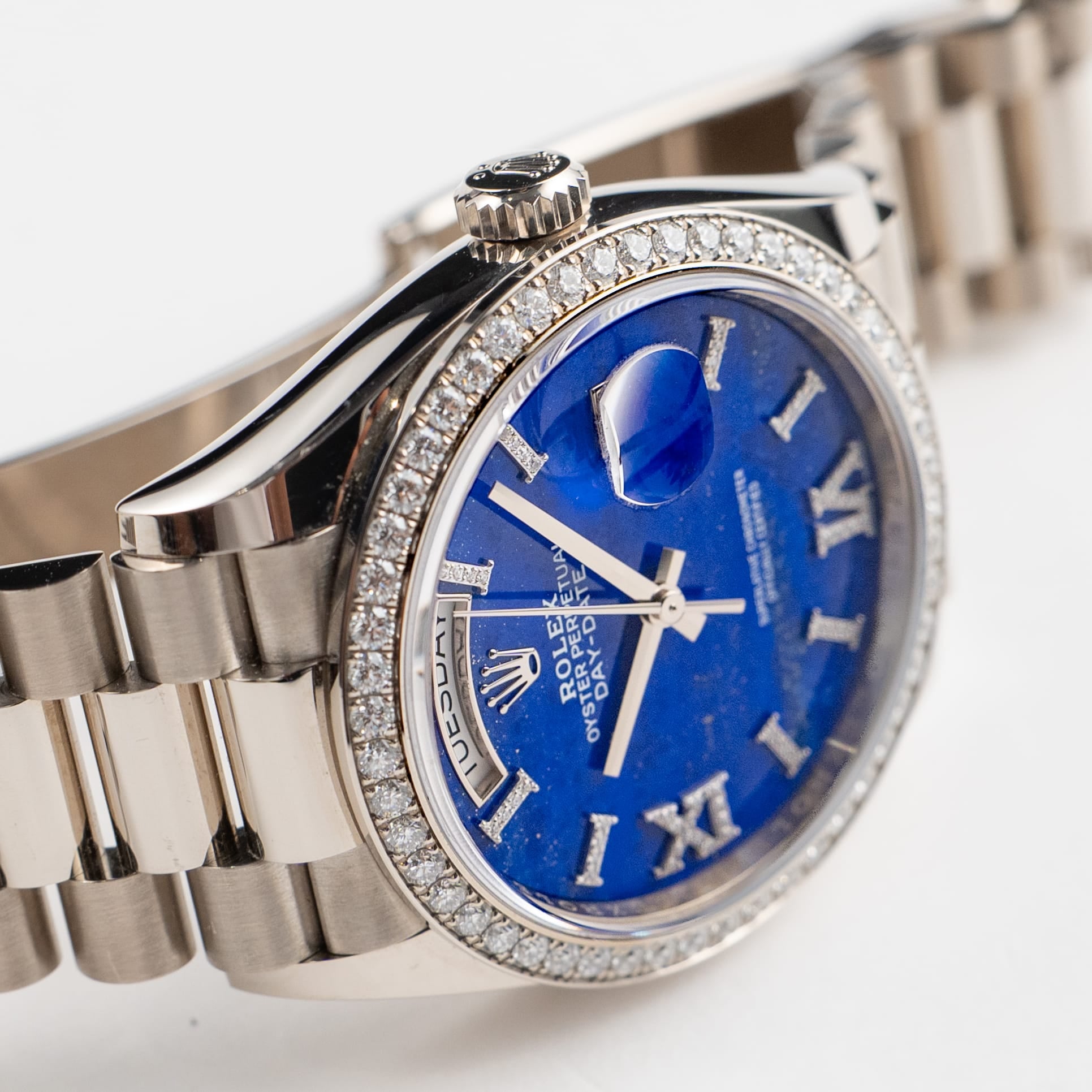 Rolex Day-Date 36 128349RBR White Gold Lapis Stone Diamond Roman Numerals Dial Diamond Bezel (2022)