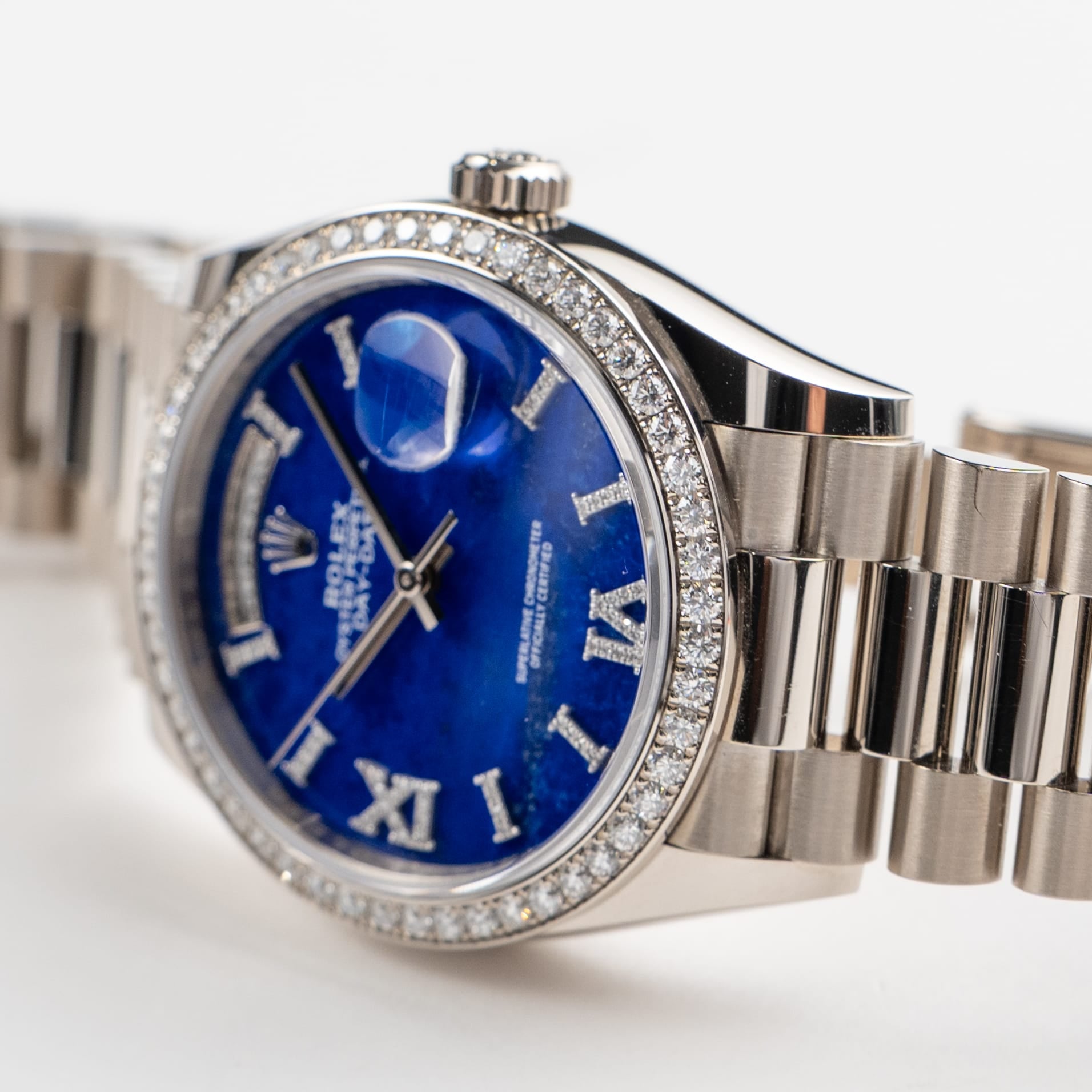 Rolex Day-Date 36 128349RBR White Gold Lapis Stone Diamond Roman Numerals Dial Diamond Bezel (2022)