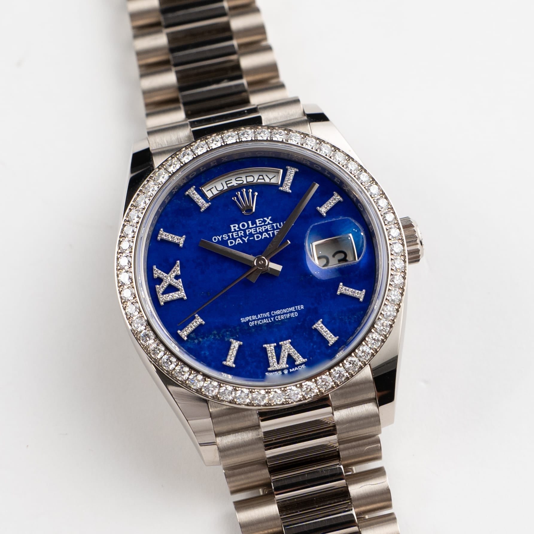 Rolex Day-Date 36 128349RBR White Gold Lapis Stone Diamond Roman Numerals Dial Diamond Bezel (2022)