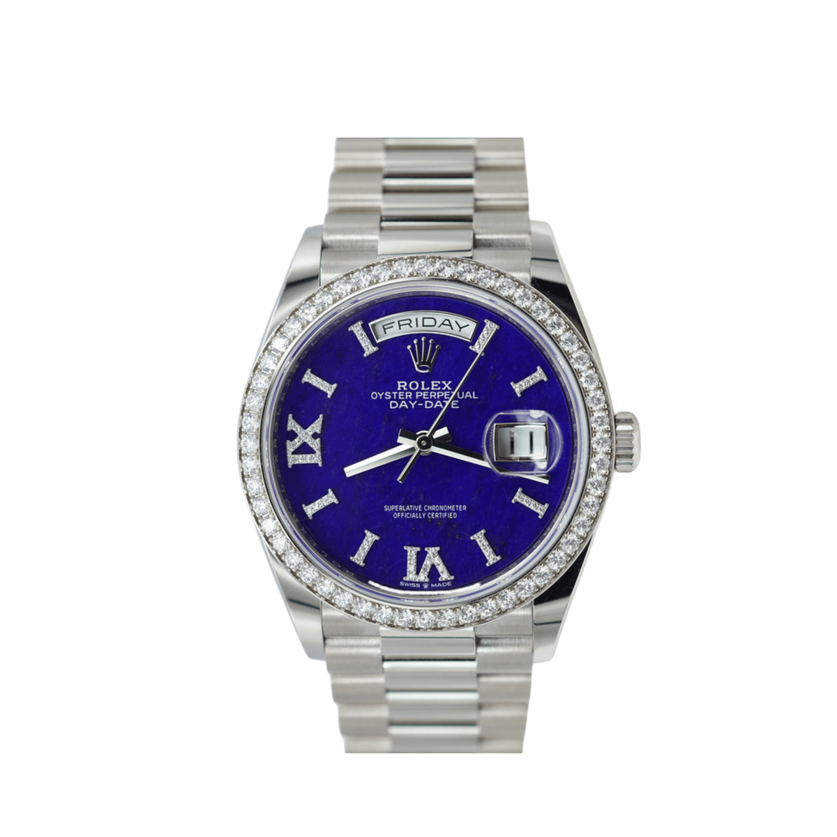 Rolex Day-Date 36 128349RBR White Gold Lapis Stone Diamond Roman Numerals Dial Diamond Bezel