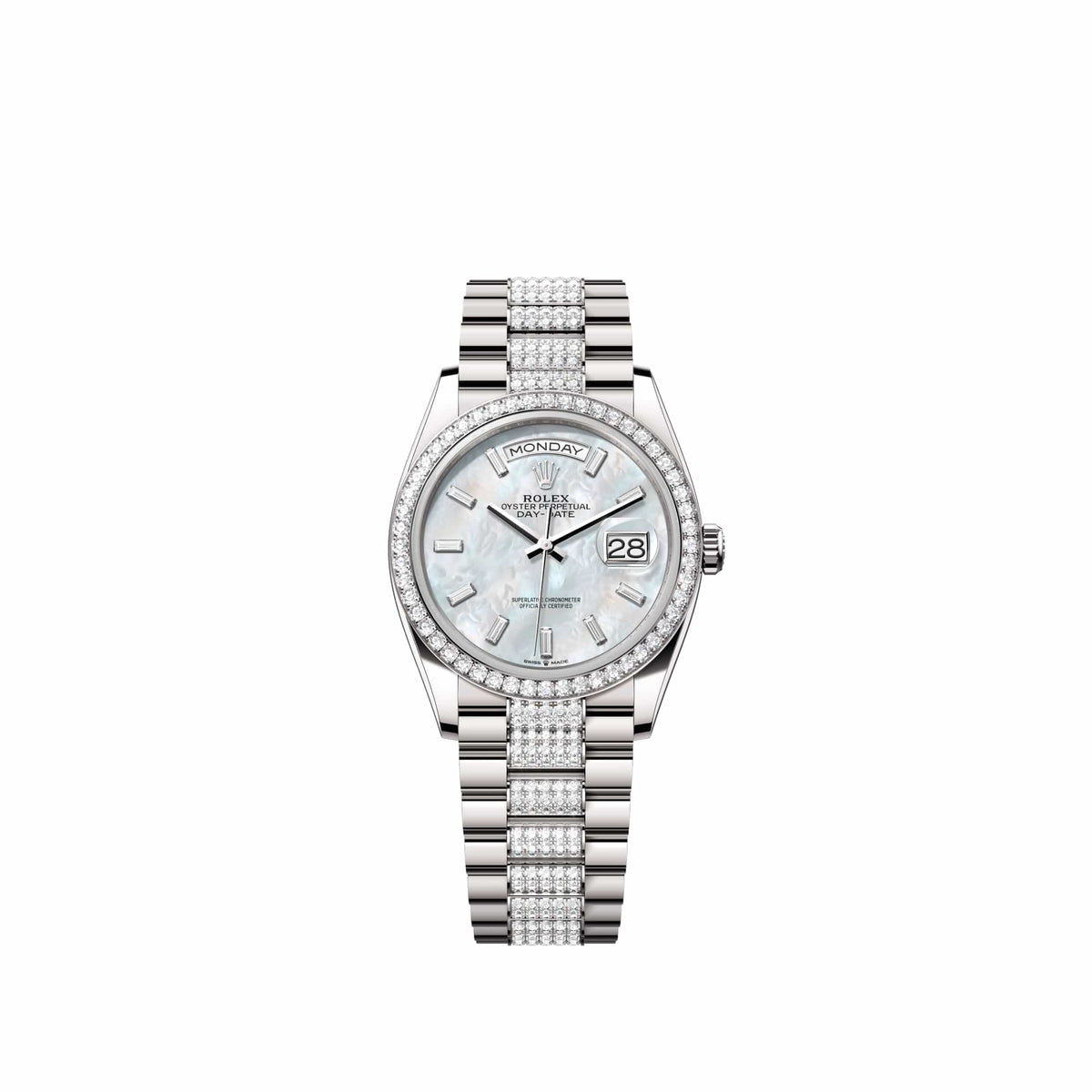 Rolex Day-Date 36 128349RBR White Gold White Mother of Pearl Diamond Dial Diamond-Set President Diamond Bezel (2026)