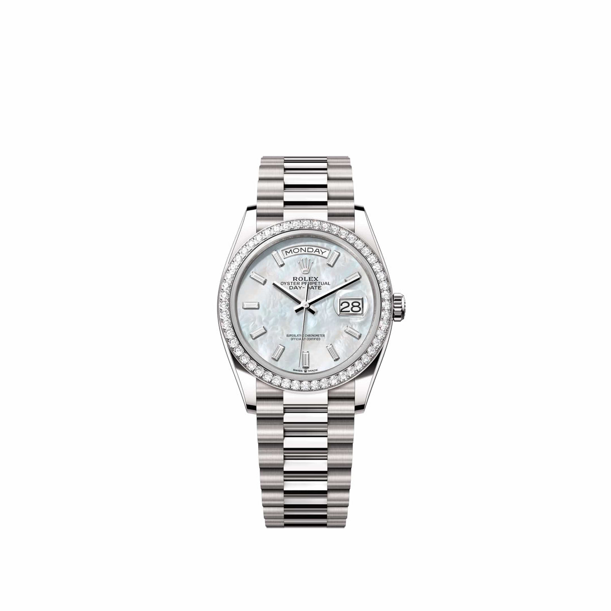 Rolex Day-Date 36 128349RBR White Gold White Mother of Pearl Diamond Dial President Diamond Bezel (2026)