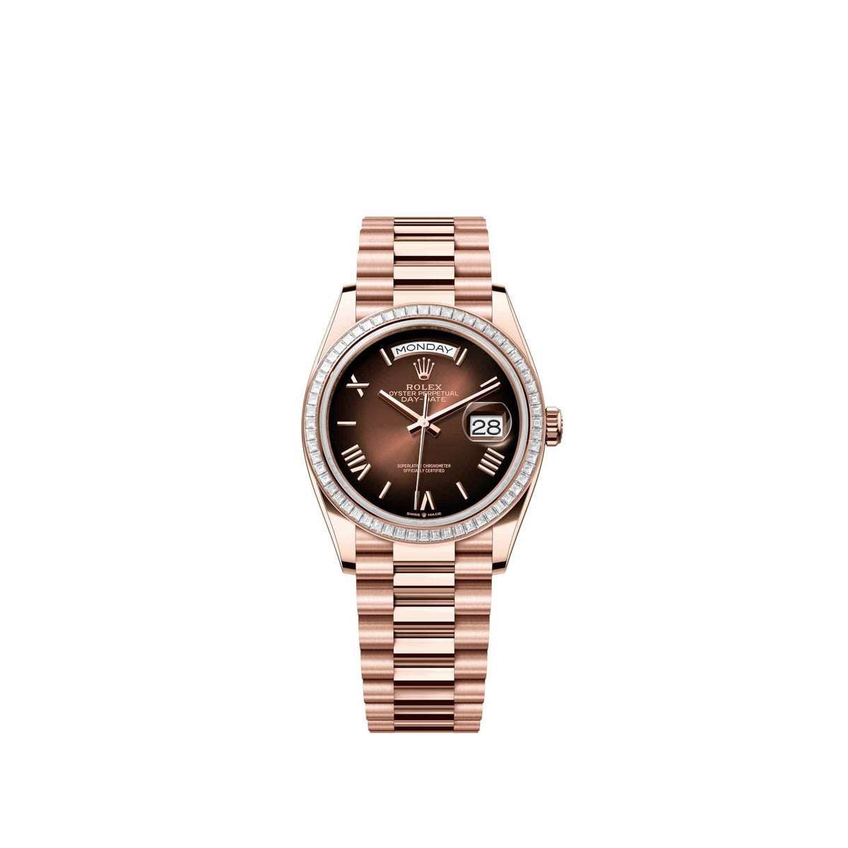 Rolex Day-Date 36 128395TBR Rose Gold Brown Ombre Roman Dial President Diamond Bezel (2026)