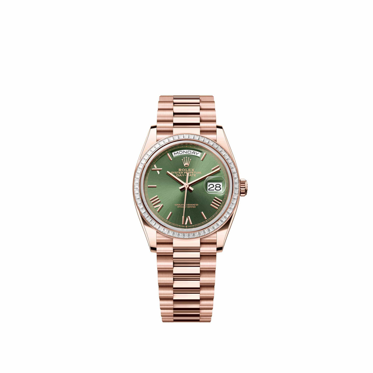 Rolex Day-Date 36 128395TBR Rose Gold Olive Green Roman Dial President Diamond Bezel (2026)