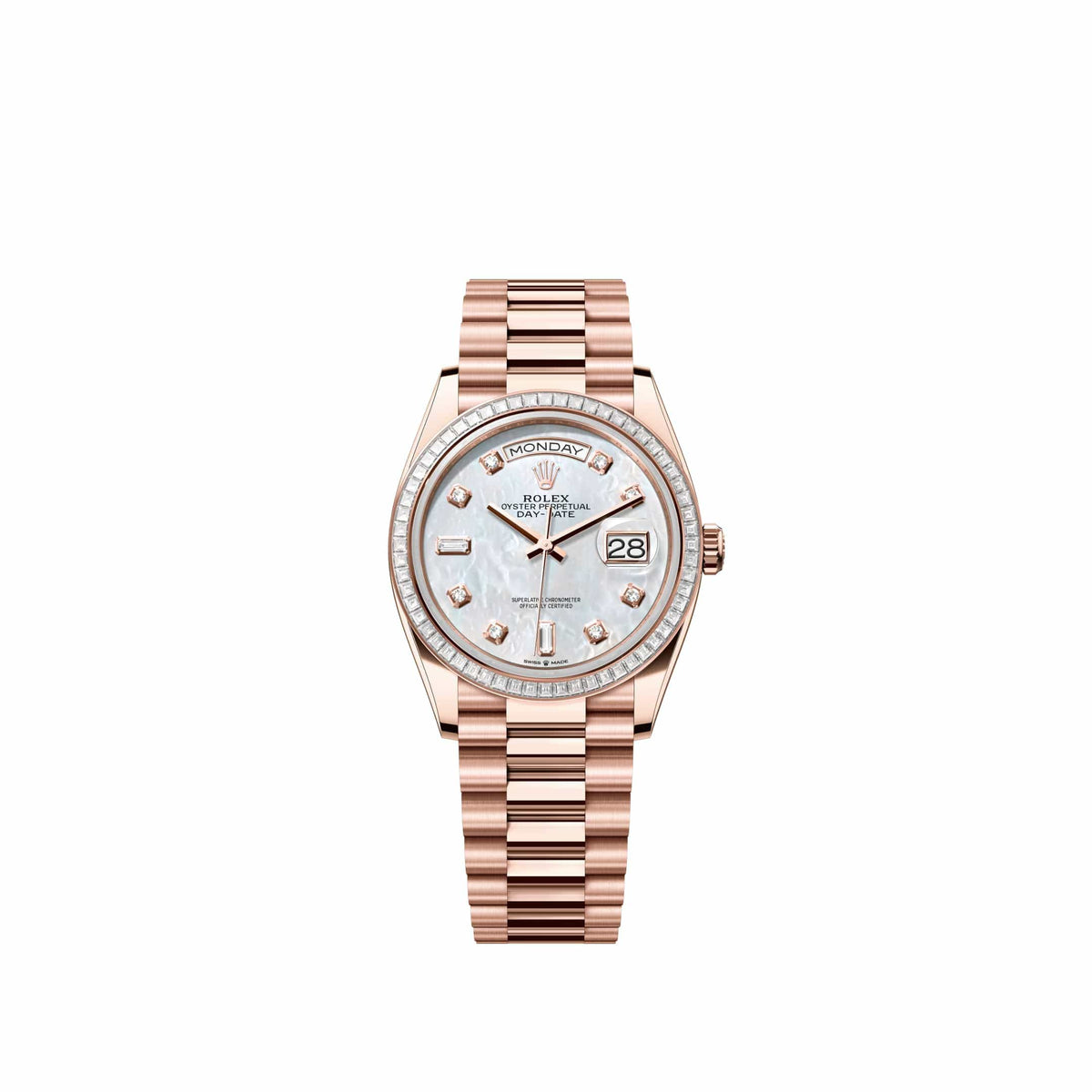 Rolex Day-Date 36 128395TBR Rose Gold White Mother of Pearl Diamond Dial President Diamond Bezel (2026)