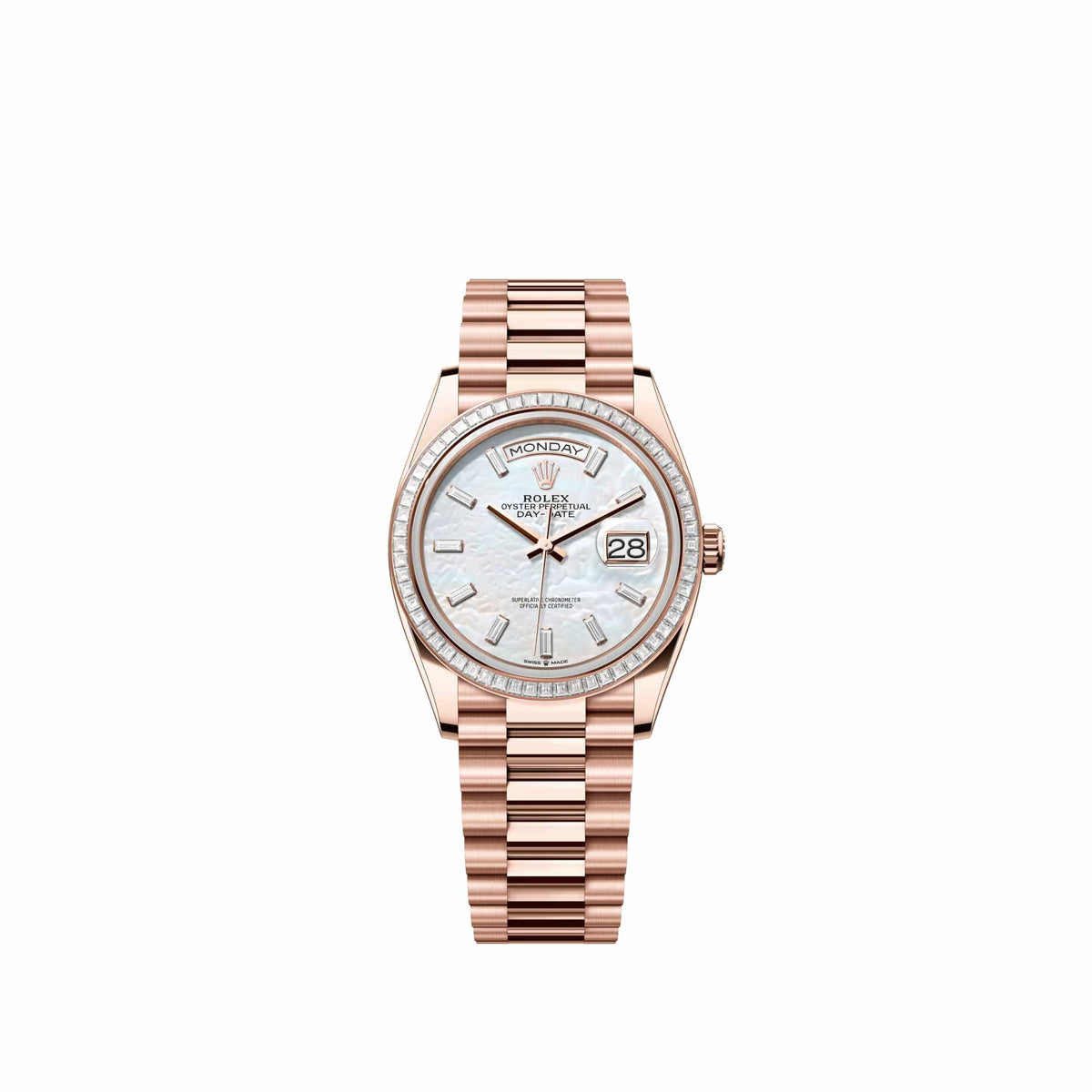 Rolex Day-Date 36 128395TBR Rose Gold White Mother of Pearl Diamond Dial President Diamond Bezel (2026)