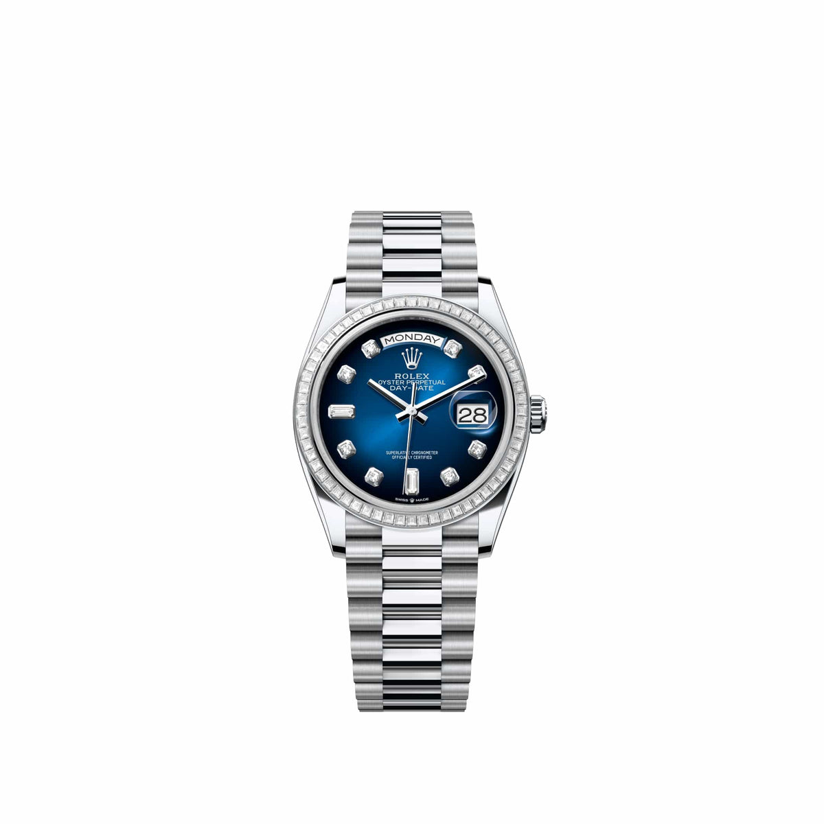 Rolex Day-Date 36 128396TBR Platinum Blue Ombré Diamond Dial President Diamond Bezel (2026)