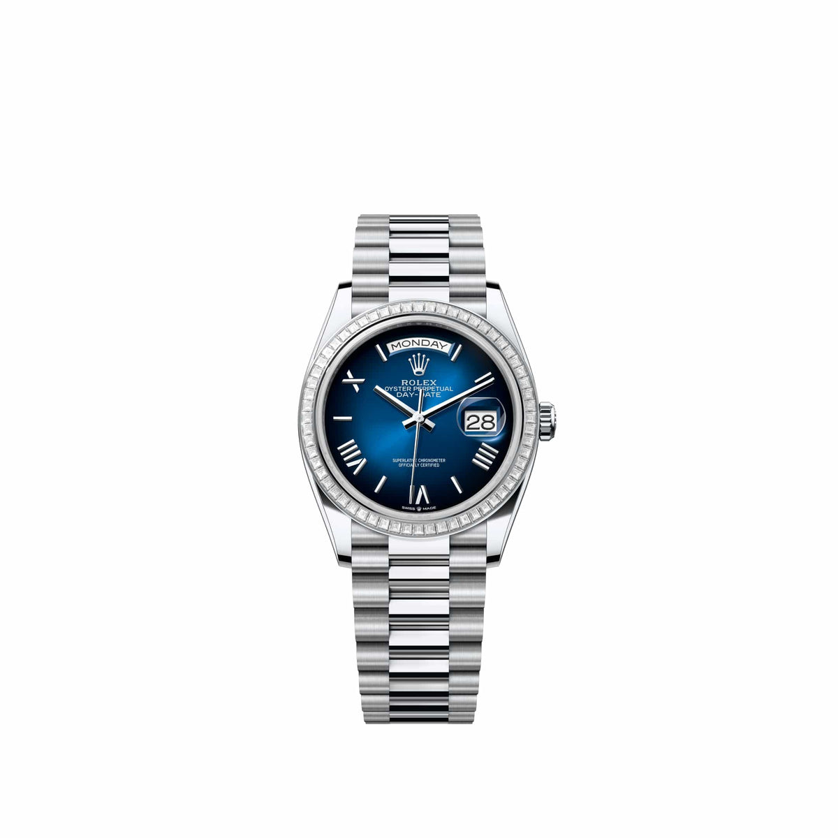 Rolex Day-Date 36 128396TBR Platinum Blue Ombre Roman Dial President Diamond Bezel (2026)