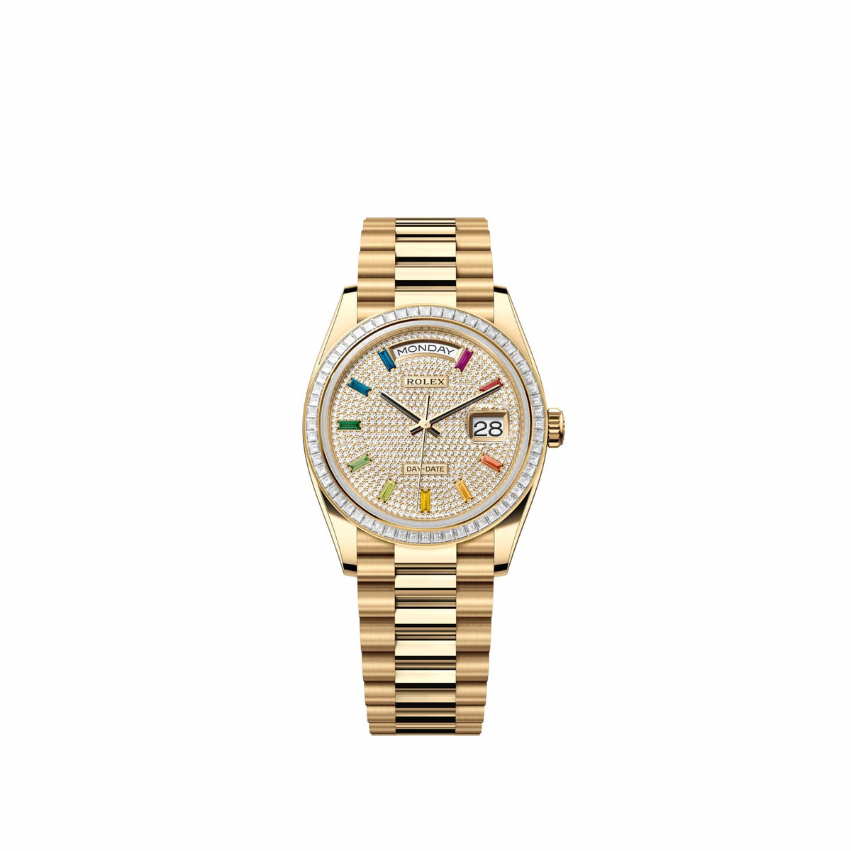 Rolex Day-Date 36 128398TBR Yellow Gold Diamond-Paved Sapphire Dial President Diamond Bezel (2026)