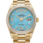 Rolex Day-Date 36 128398TBR Yellow Gold Turquoise Stone Diamond Roman Numerals Dial Diamond Bezel
