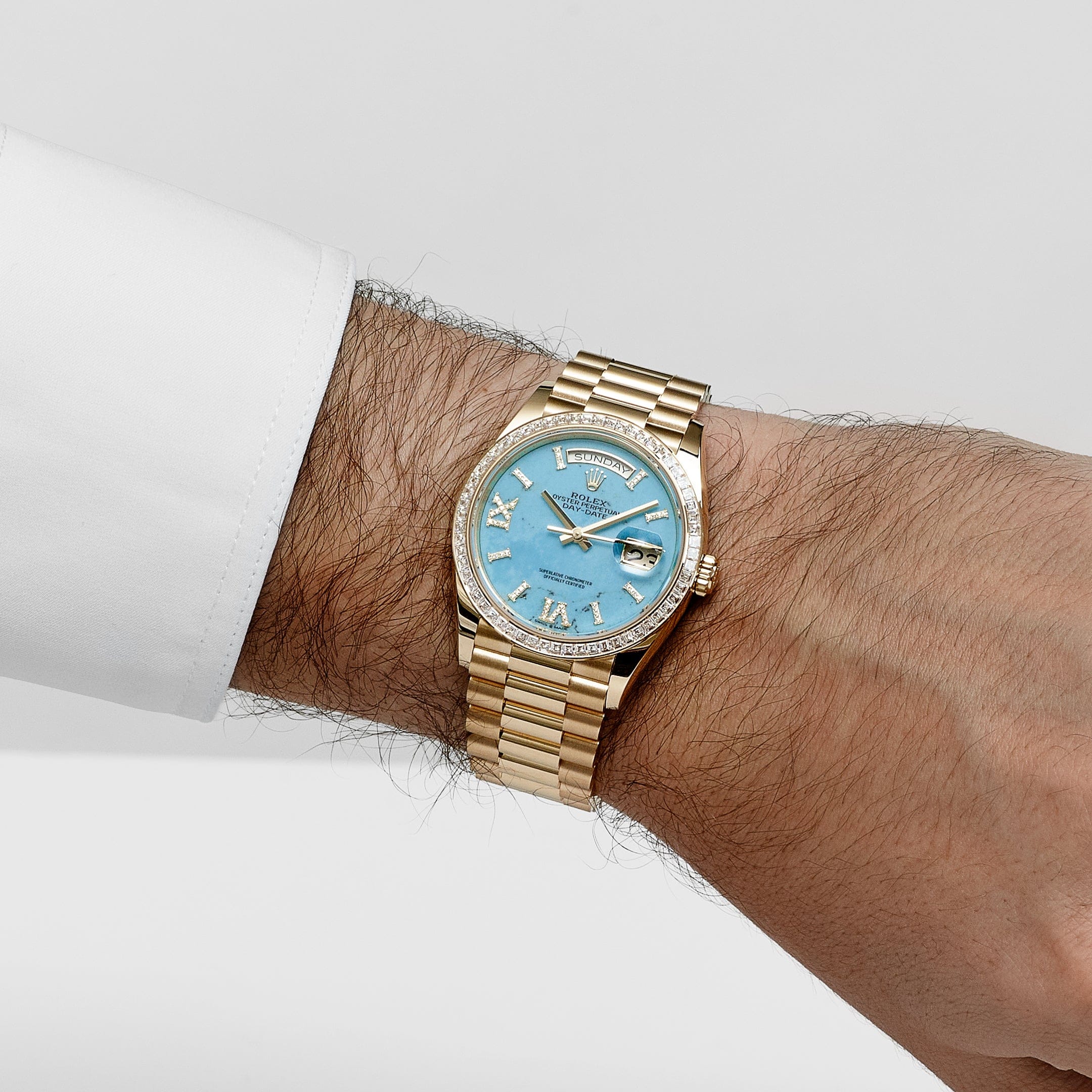 Rolex Day-Date 36 128398TBR Yellow Gold Turquoise Stone Diamond Roman Numerals Dial Diamond Bezel