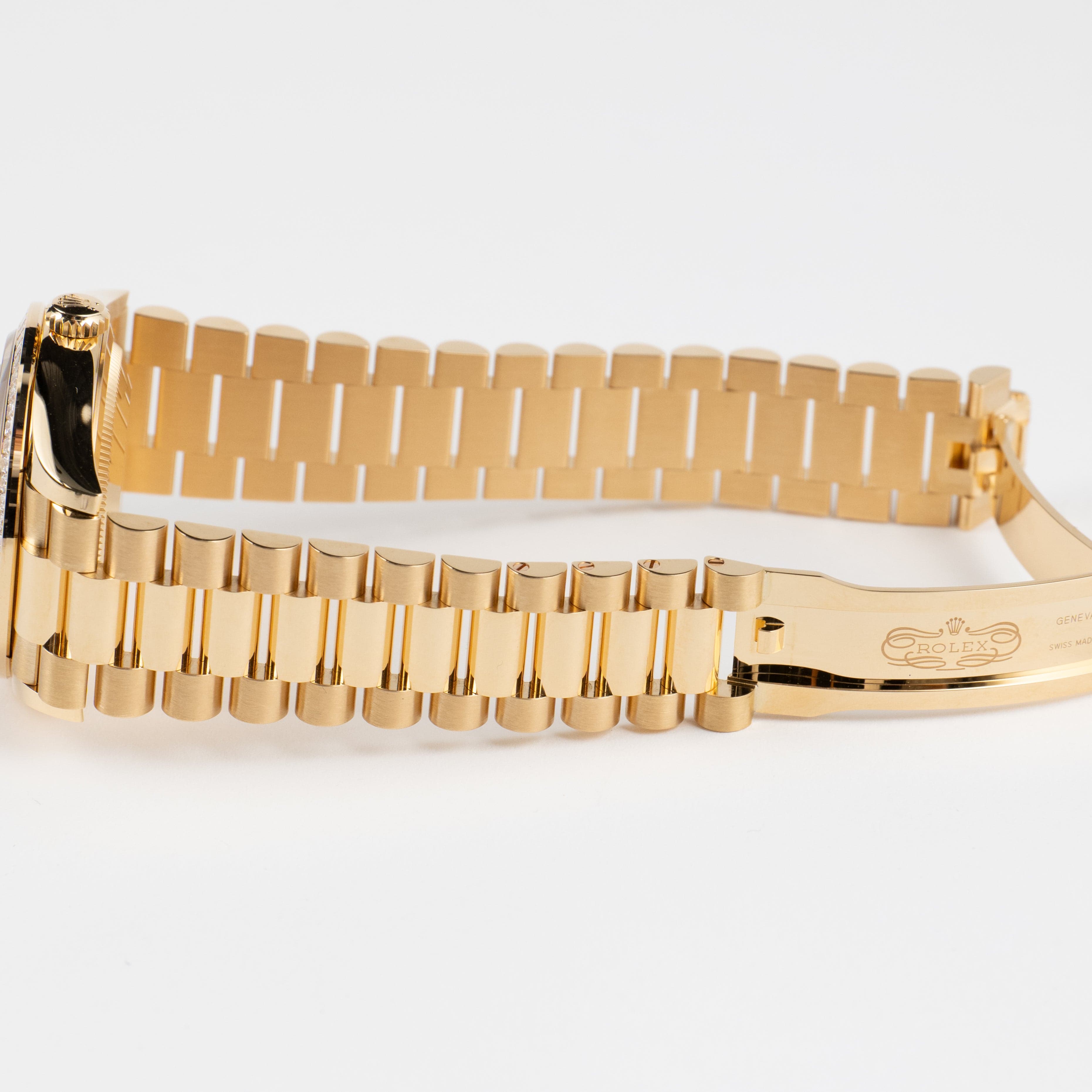 Rolex Day-Date 36 128398TBR Yellow Gold Turquoise Stone Diamond Roman Numerals Dial Diamond Bezel