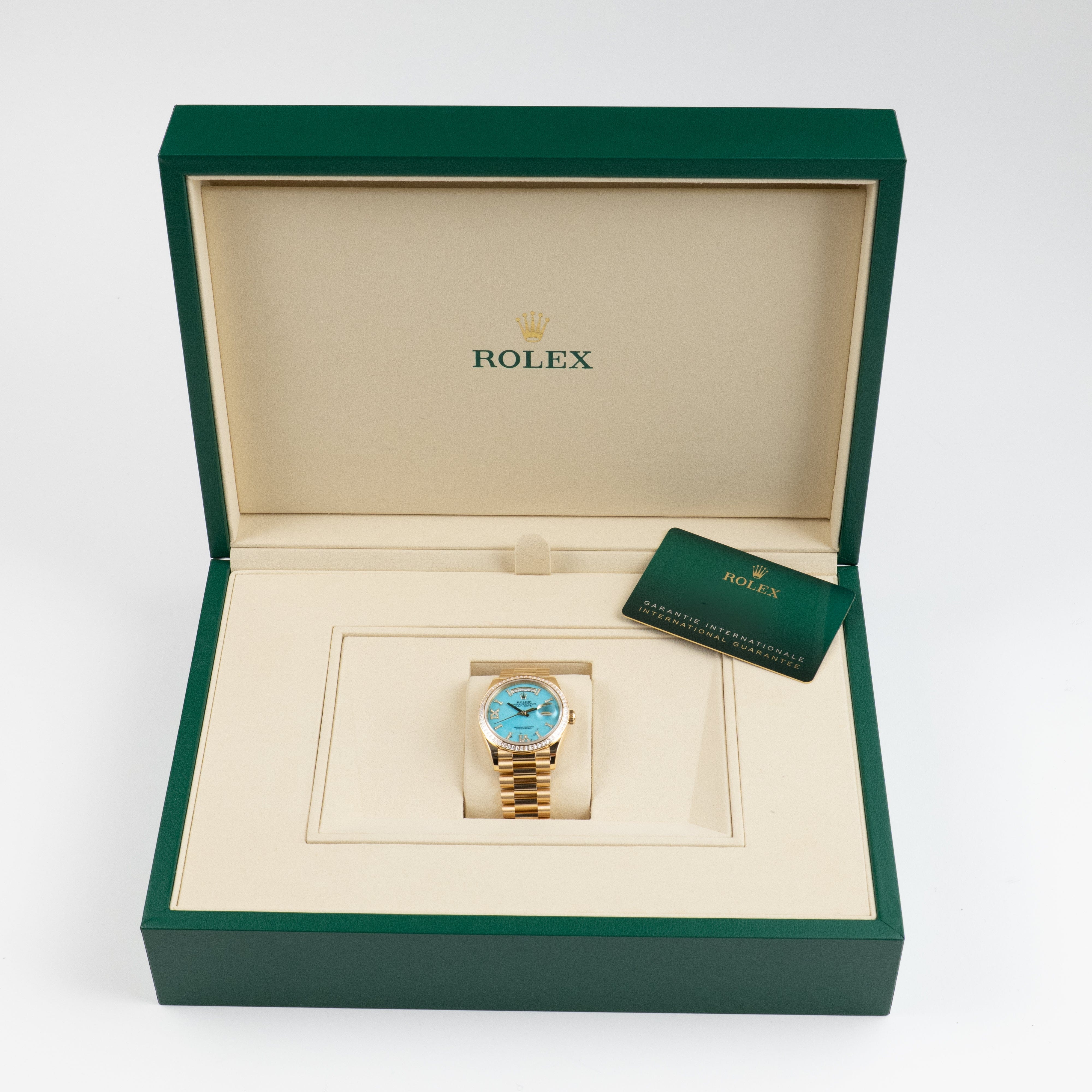 Rolex Day-Date 36 128398TBR Yellow Gold Turquoise Stone Diamond