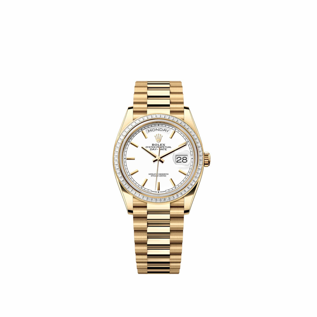 Rolex Day-Date 36 128398TBR Yellow Gold White Dial President Diamond Bezel (2026)
