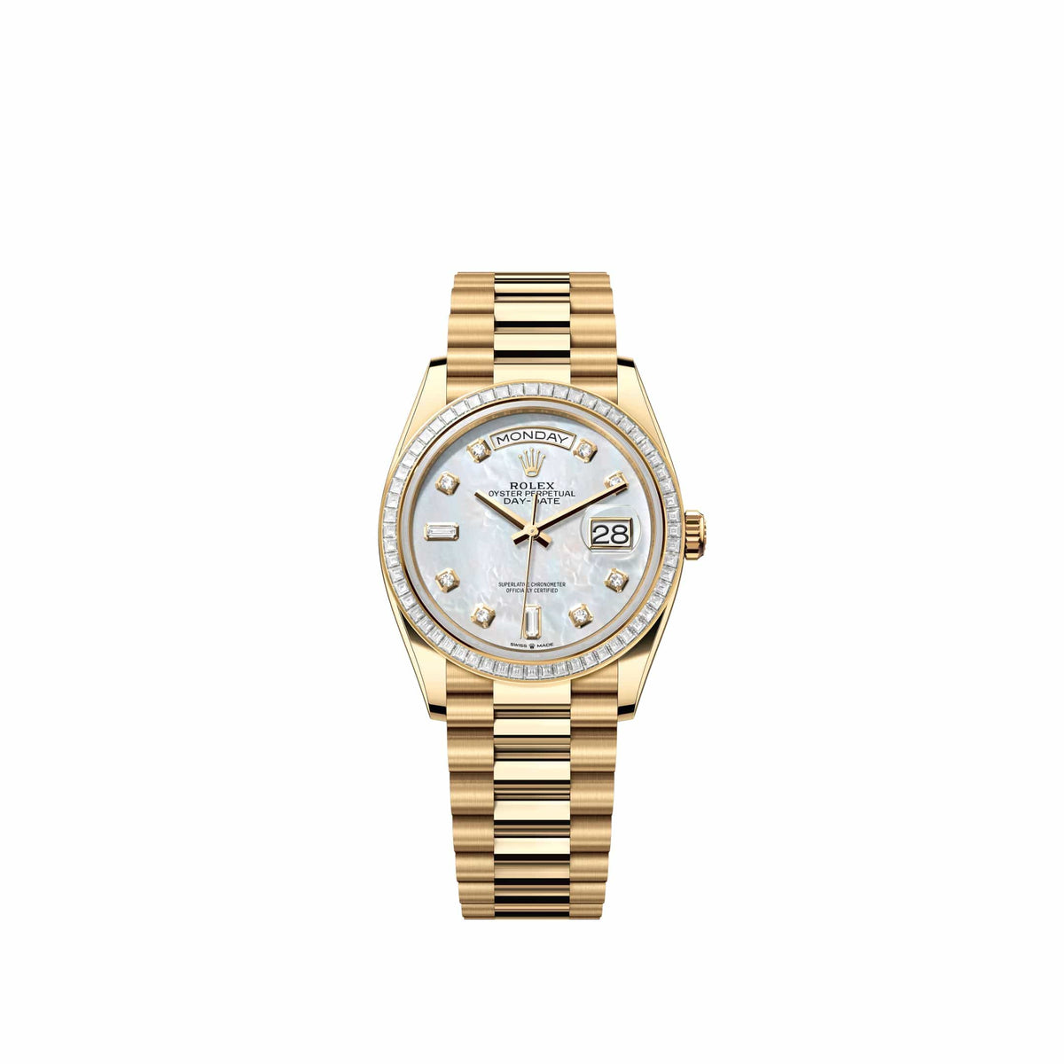 Rolex Day-Date 36 128398TBR Yellow Gold White Mother of Pearl Diamond Dial President Diamond Bezel (2026)