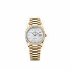 Rolex Day-Date 36 128398TBR Yellow Gold White Mother of Pearl Diamond Dial President Diamond Bezel (2026)